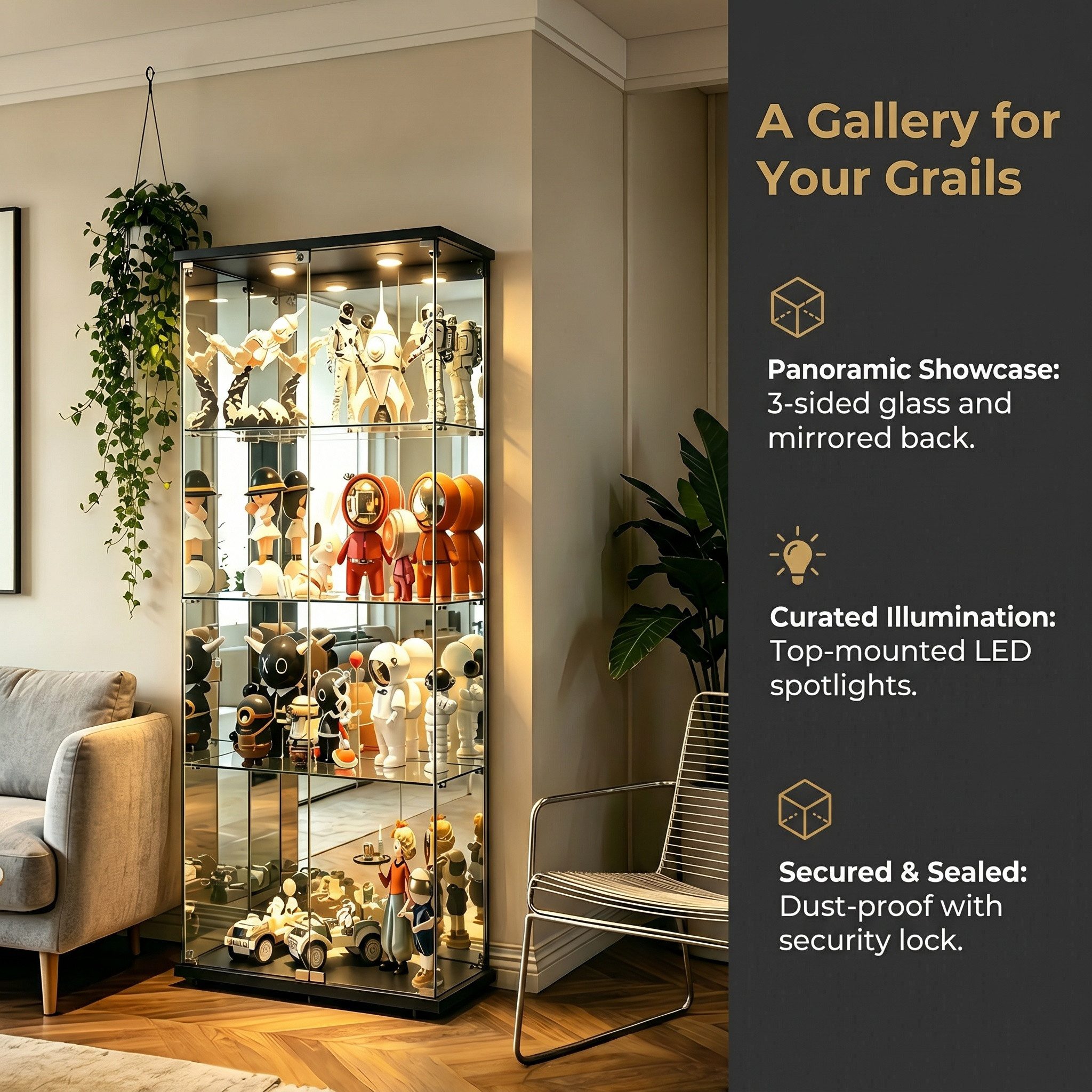Simurq Glasvitrine Vitrinenschrank Glas mit Led Beleuchtung, Standvitrine mit 2 glastüren (Sammlervitrine mit Schloss und Kippsicherung, gehärtetes Glas) Standv – Bild 5 von 5