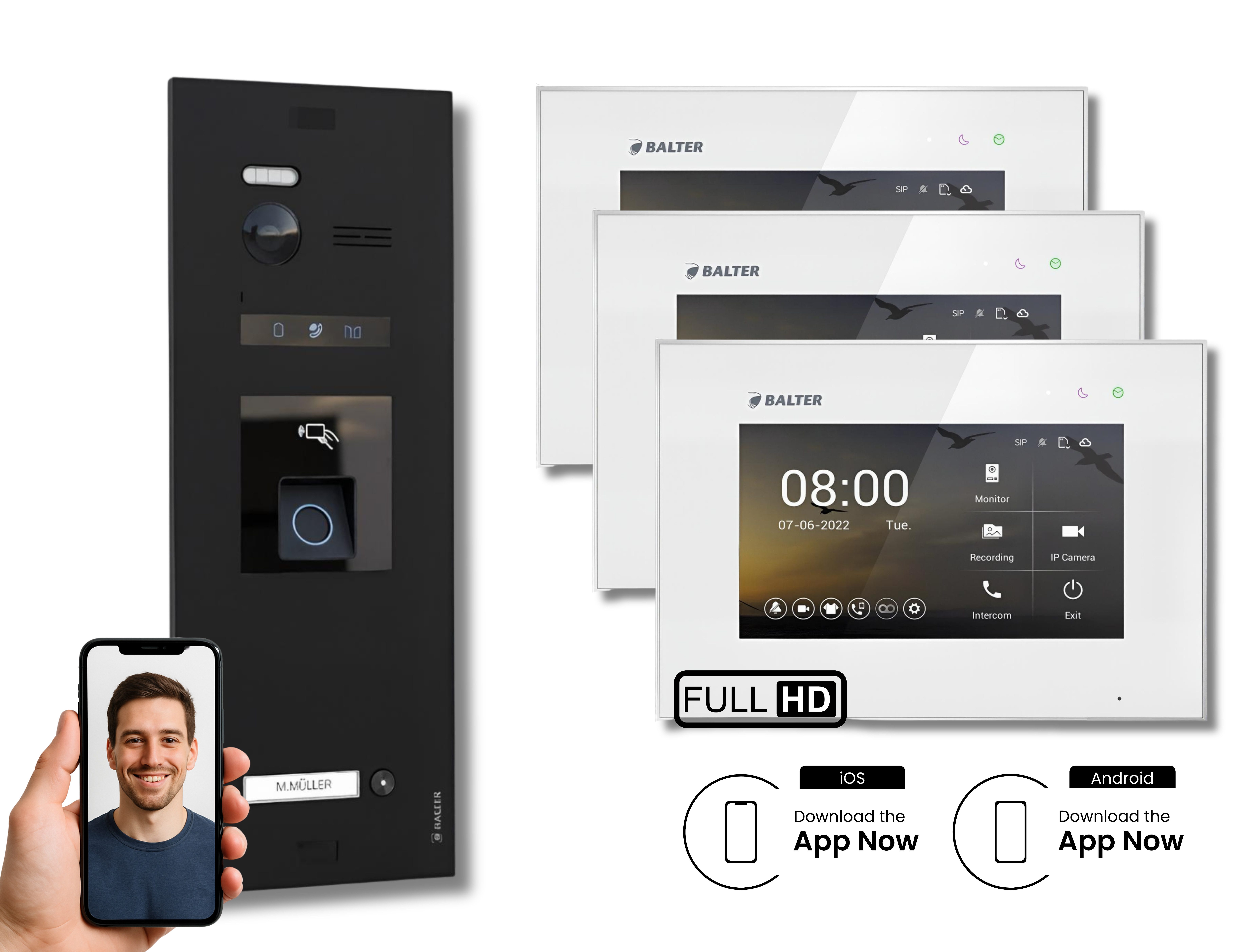 Balter Video-Türsprechanlage BALTER HD WLAN Türsprechanlage FP/RFID 1-Familienhaus Schwarz Weiß (Set, 1-Familienhaus, Komplettset, Full HD 175° Kamera, Fingerprint, RFID)