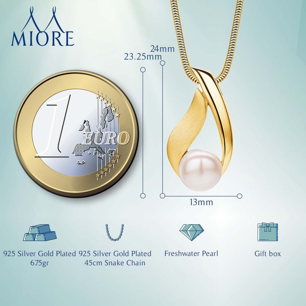 Miore Perlenkette Damen 925 Silber oder Silber 18K vergoldet - Perlenanhänger 13 x 24 mm, Perlengröße 8 mm - Schlangenkette 45 cm