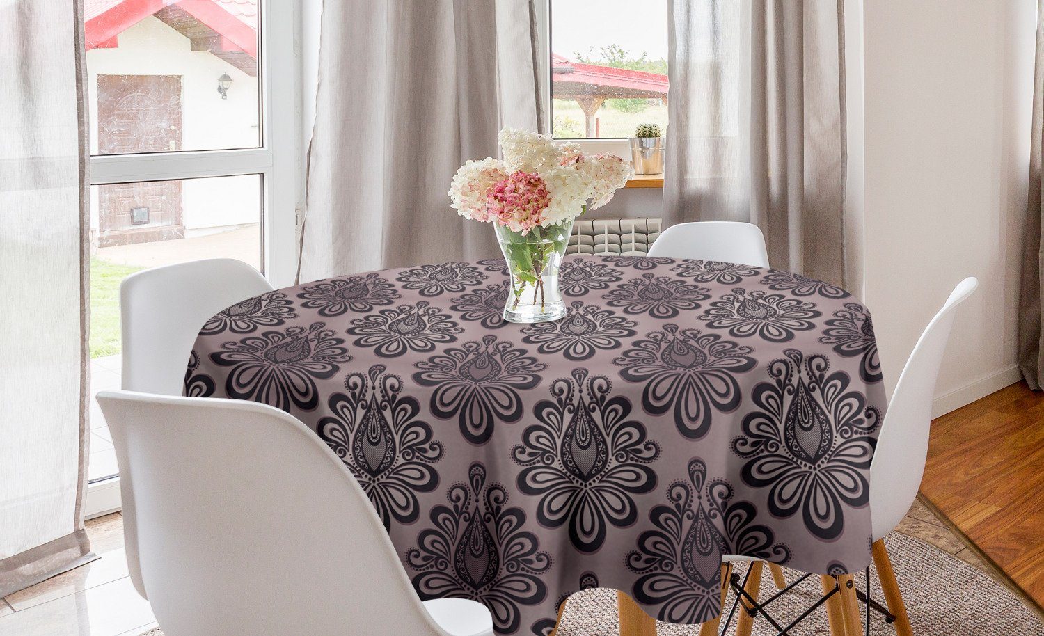 Küche Kreis Abdeckung Tischdecke Motive für traditionell Dekoration, Damastschwarzweiss Tischdecke Esszimmer Abakuhaus