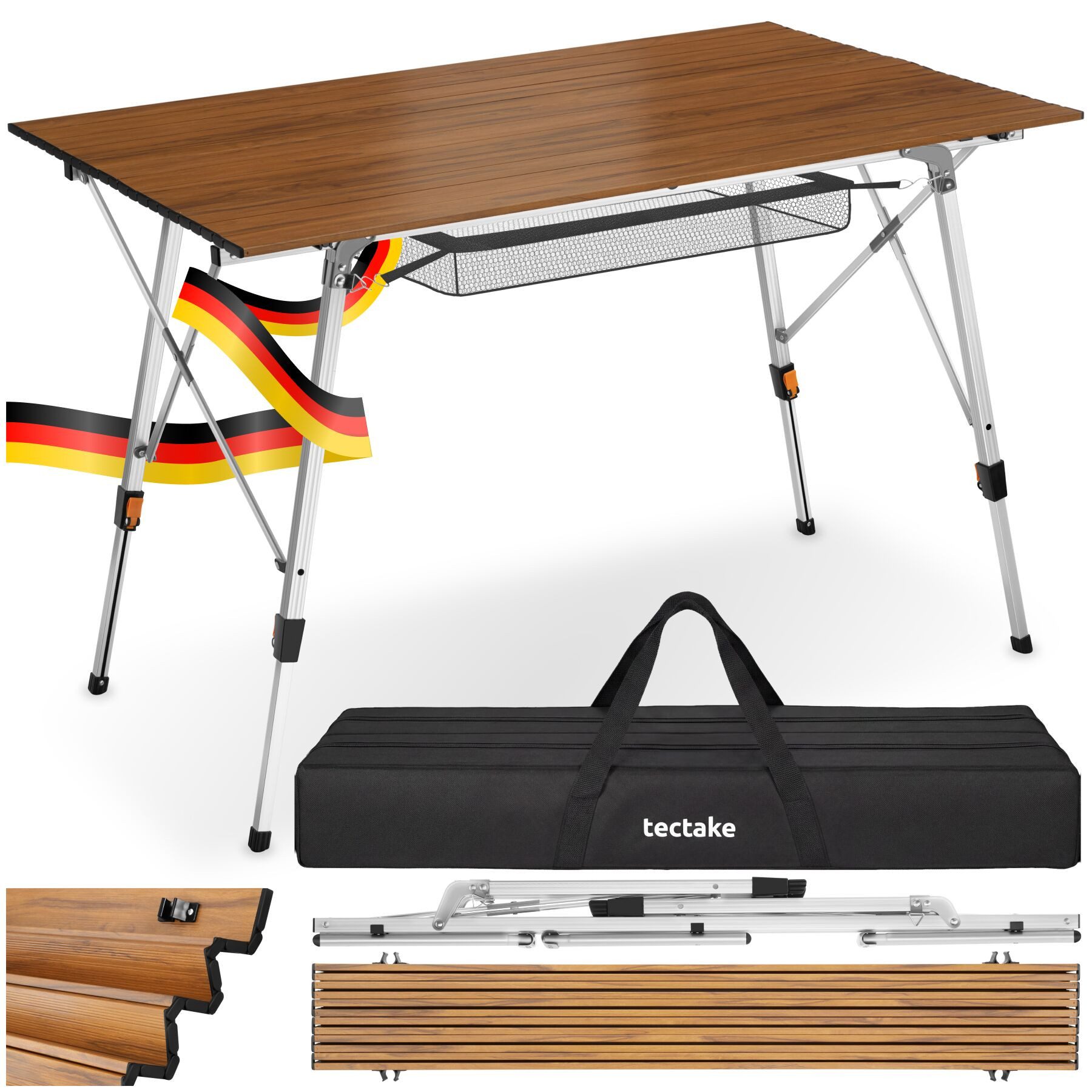 tectake Campingtisch Aluminium Klapptisch - faltbar, wetterfest, 120 x 70,5 x 58 – 79 cm (Outdoor Beistelltisch Bastian, 1-St., in Holzoptik), höhenverstellbar, mit Aufbewahrungsnetz und Tragetasche