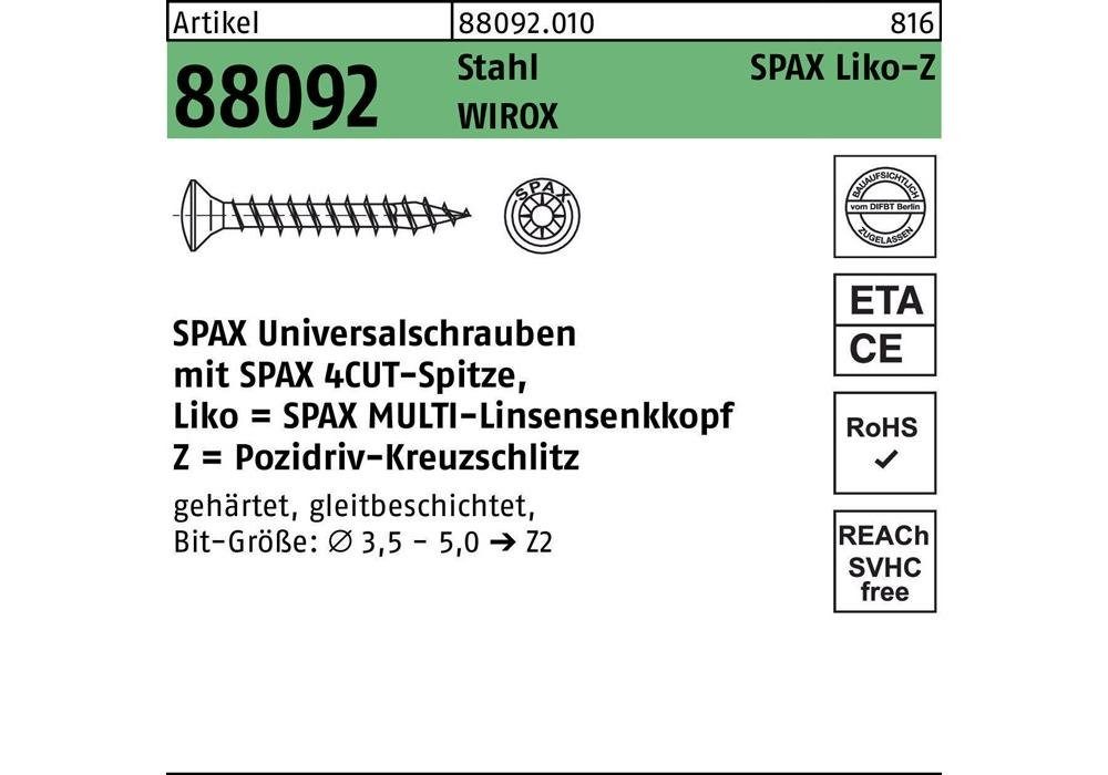 SPAX Senkschraube Schraube R 88092 Linsenkopf/Kreuzschlitz-PZ 3,5 x 20/15-Z Stahl WIROX