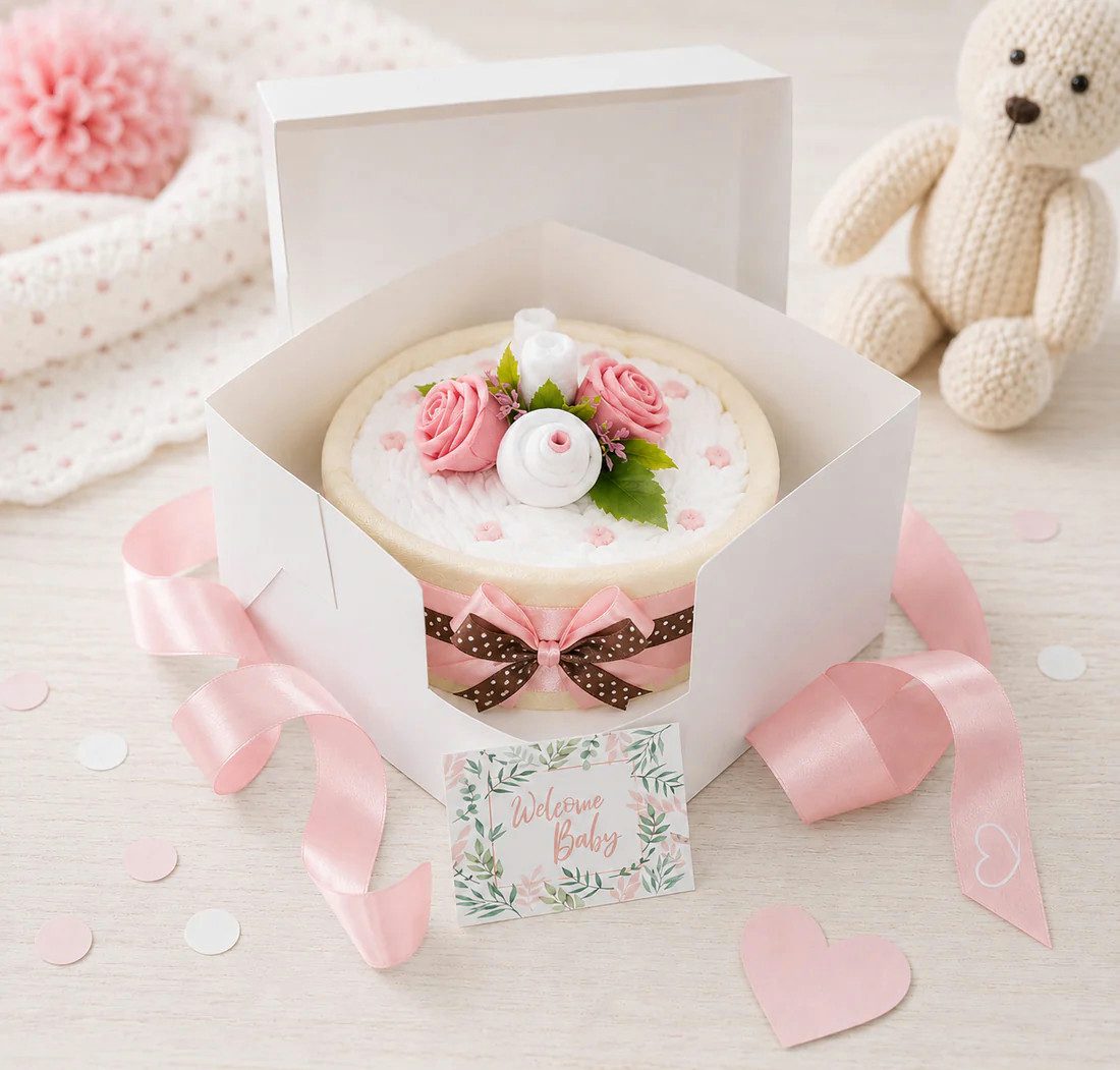 Neugeborenen-Geschenkset Windeltorte CAKEBOX, Geschenk zur Geburt, Babyparty, Baby Shower
