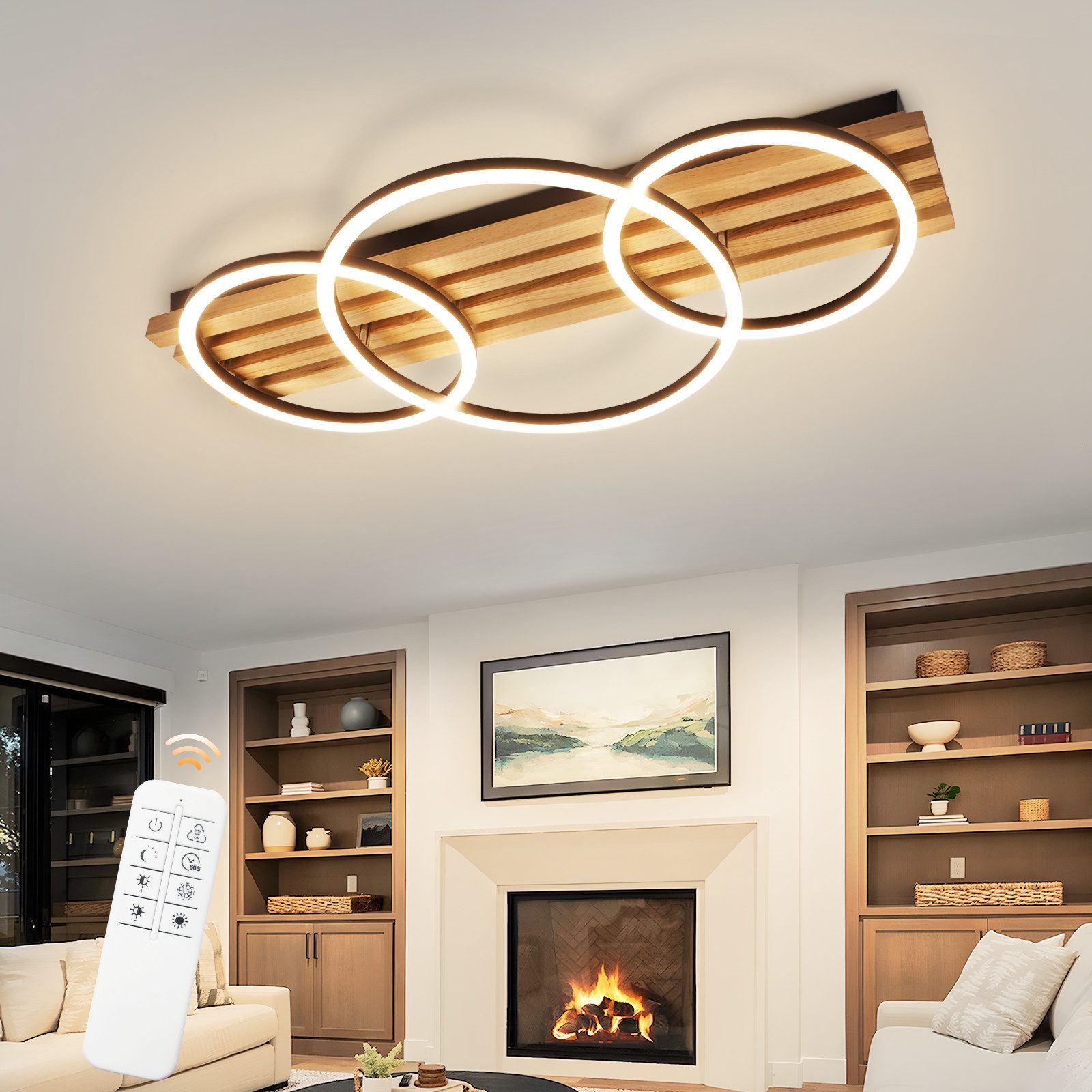 Nettlife LED Deckenleuchte Dimmbar Holz 3 Ringe 46W Modern Deckenlampe 70cm günstig online kaufen