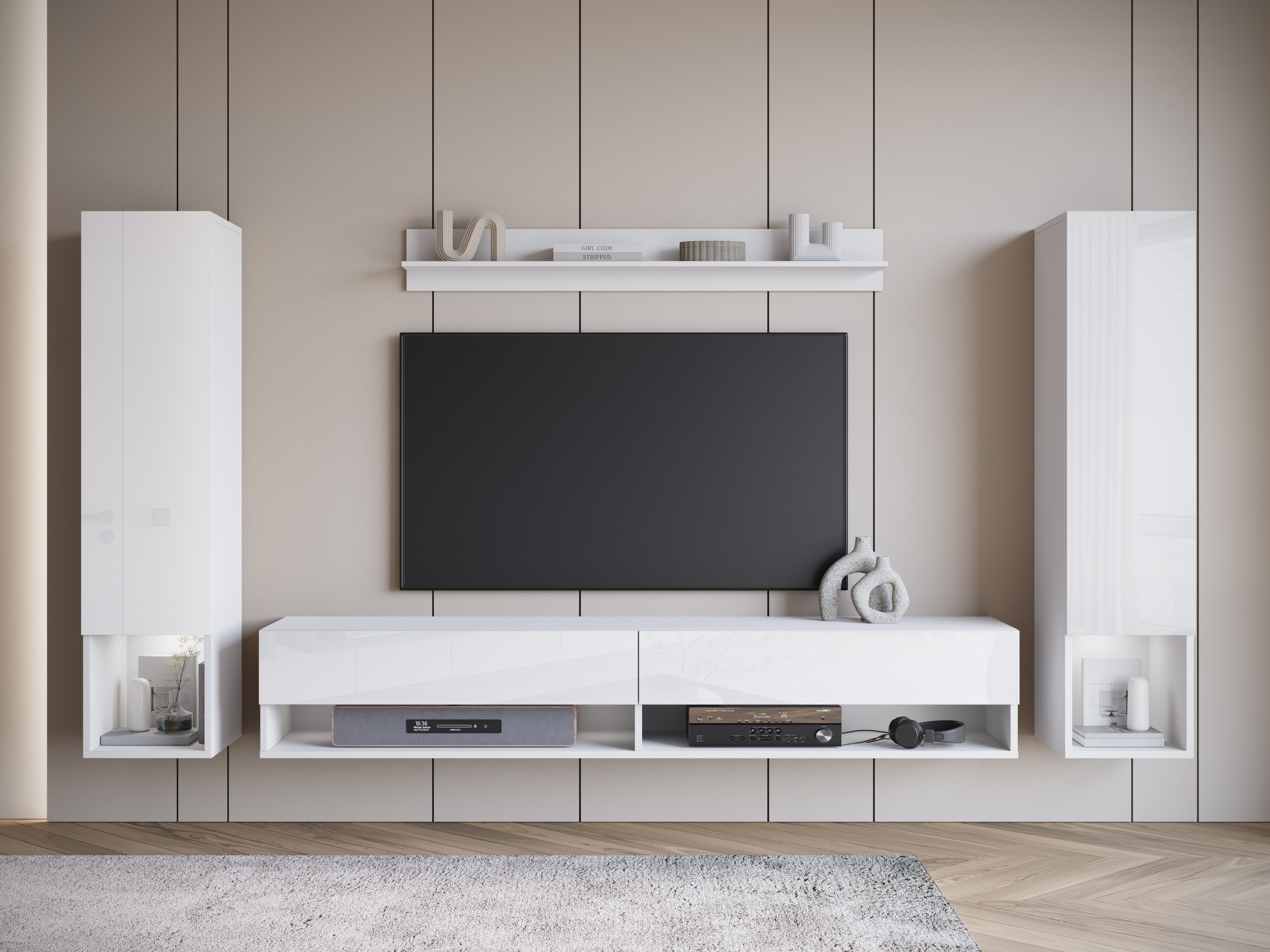 Home affaire Wohnwand AMADEO II, (Komplett-Set, 4-St), Vitrine Türanschlag links/rechts wechselbar, Hängeversion