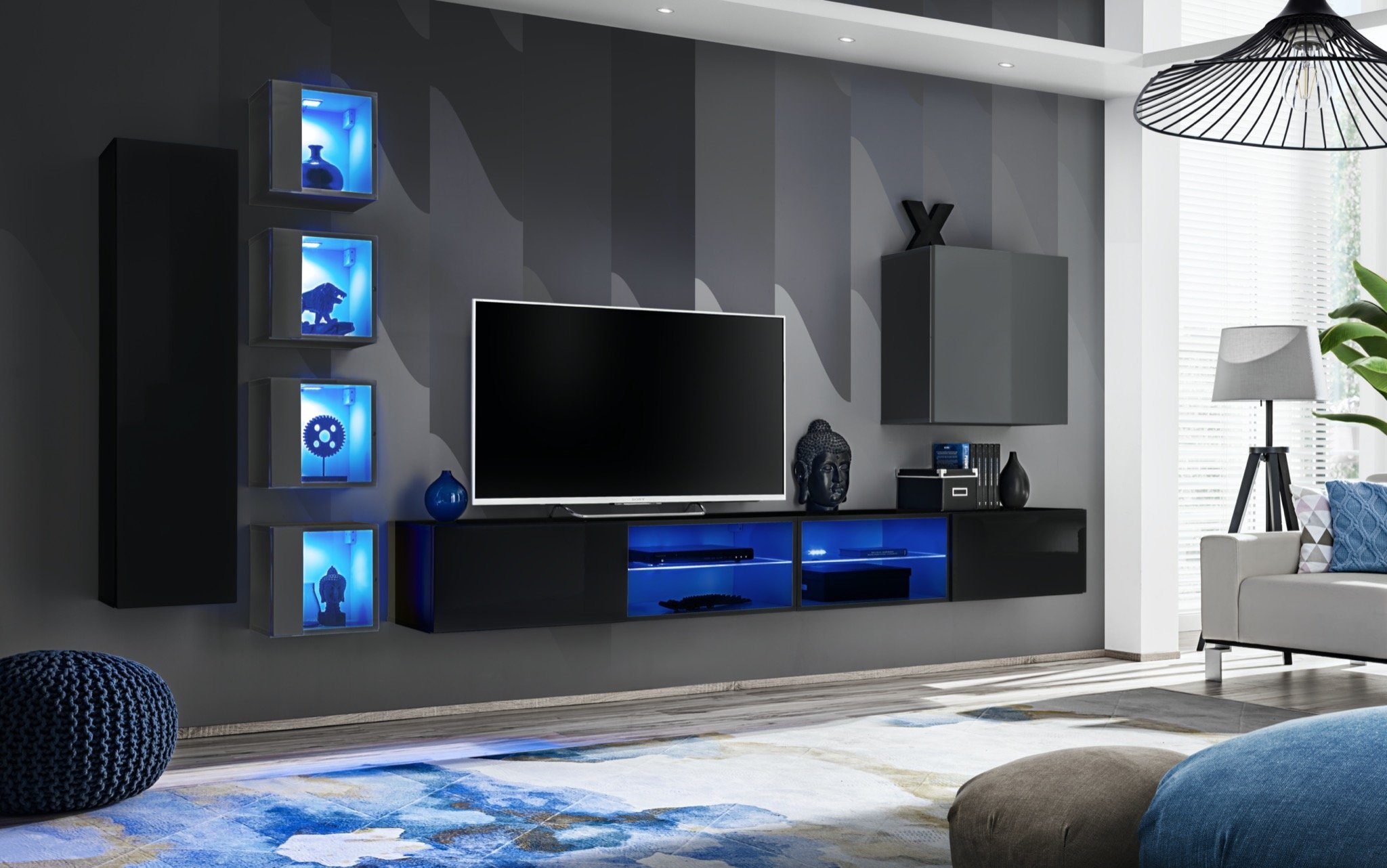 JVmoebel Wohnwand Wohnzimmermöbel Neu Wohnwand 6x Hänge Schrank 2x TV Ständer Luxus, (8-St., 2x TV Ständer + 6x Wandschrank), LED beleuchtet