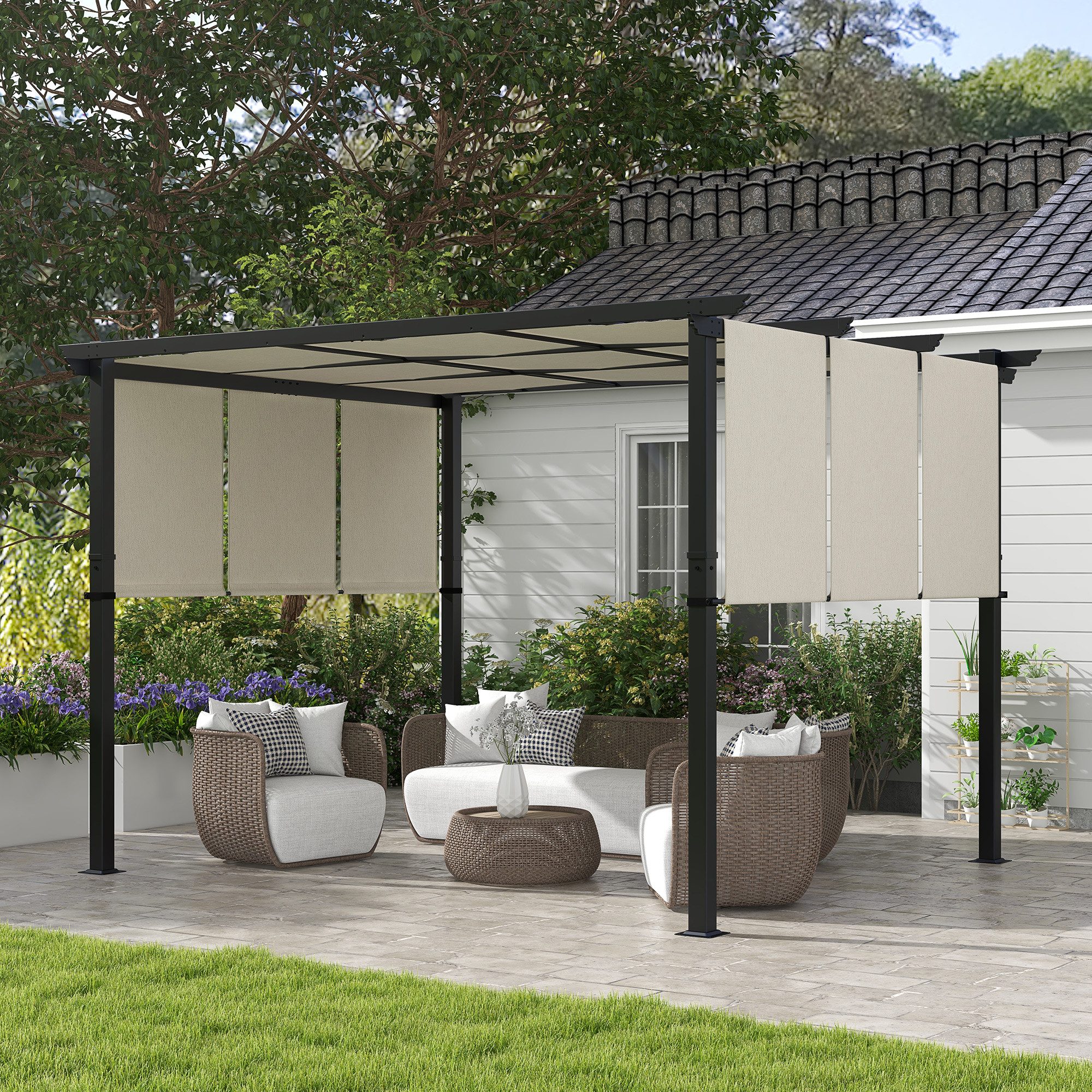 Outsunny Pergola mit verstellbar Dach, BxTxH: 296x296x235 cm, (Sonnenschutz, 18-tlg., Gartenpavillon), für Terrasse und Garten, Beige