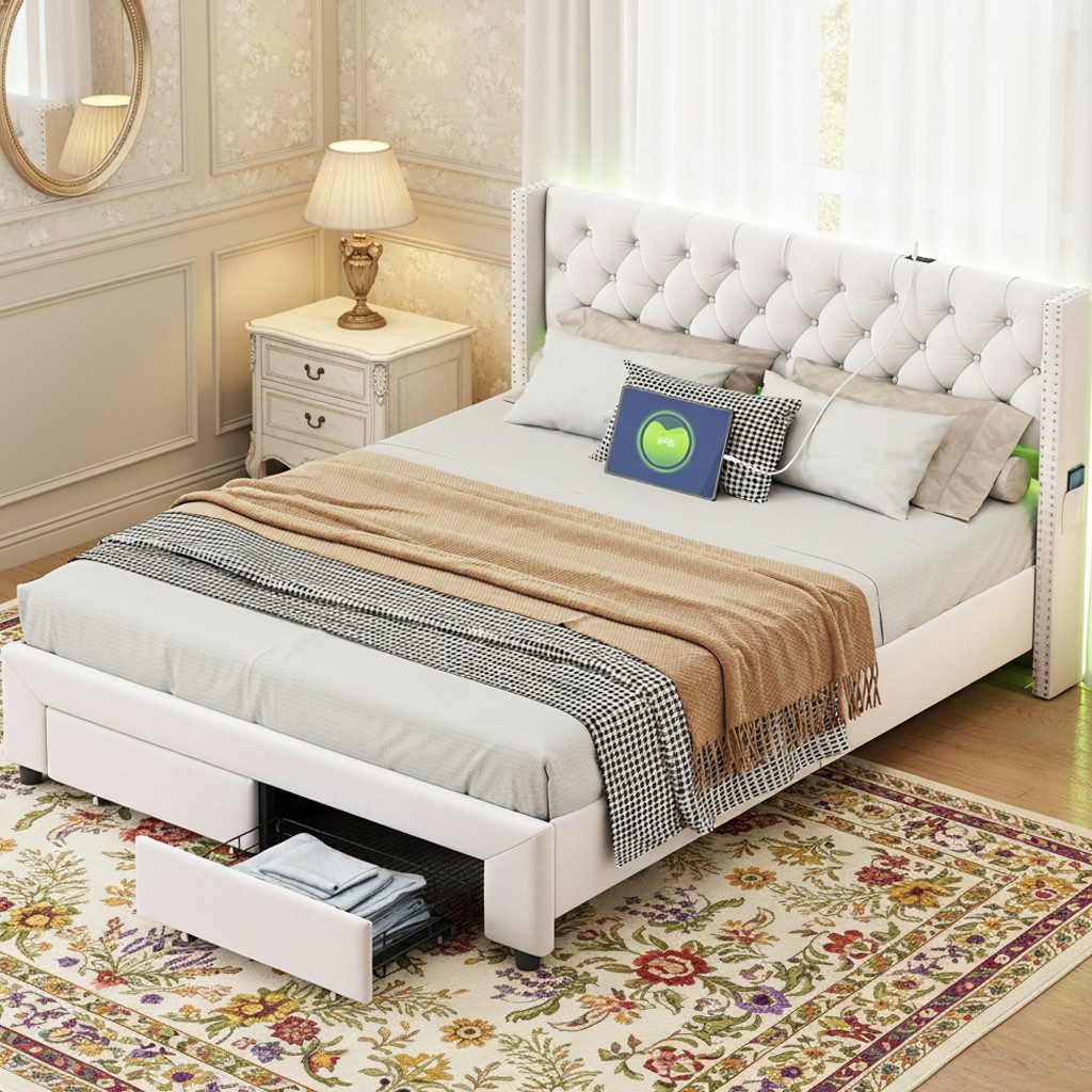 ADWOLT Polsterbett Doppelbett Stauraumbett mit Schubladen, Samtmaterial (Jugendbett), 180x200 cm,LED-Beleuchtung,LED-Licht und USB+Typ C,Gepolstert,Beige