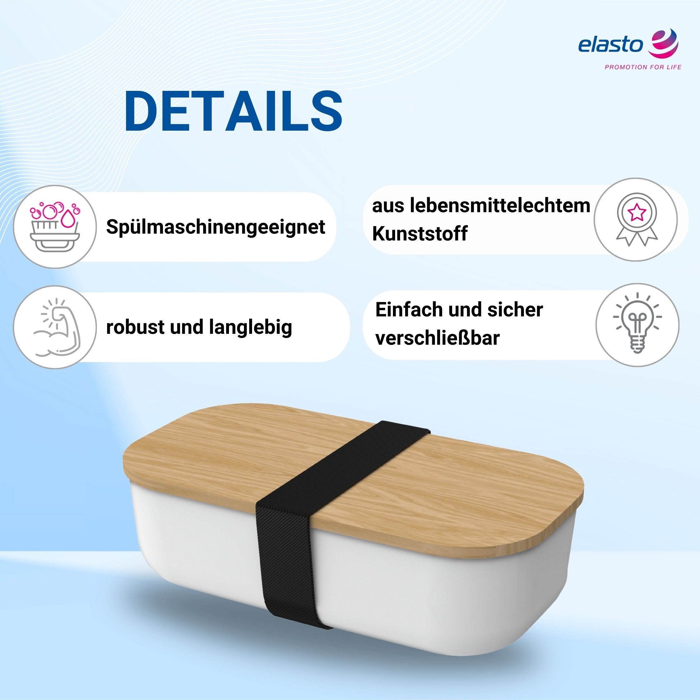 elasto Lunchbox Beech 1300 ml in Weiß Brotdose mit Elastikband Holz-Deckel