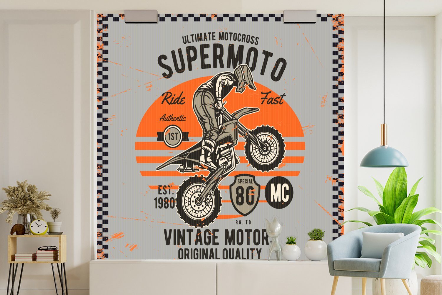 bedruckt, Motor für St), - Orange, Tapete oder Vinyl Mancave Wandtapete - Fototapete Grau - Schlafzimmer, Wohnzimmer (5 MuchoWow Matt,