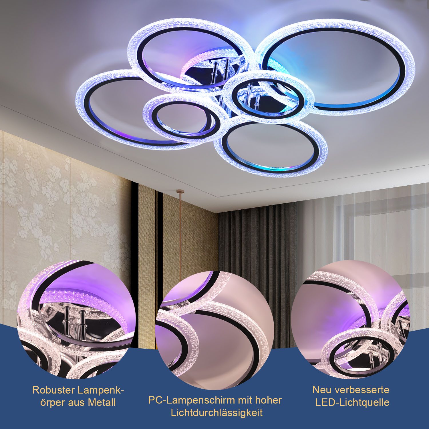 oyajia Deckenleuchte 46W LED Deckenlampe RGB Farbwechsel, Modern 6 Flammig Ringoptik Design, LED fest integriert, Kristall-Lichteffekt Deckenleuchte für Wohnzim – Bild 4 von 5