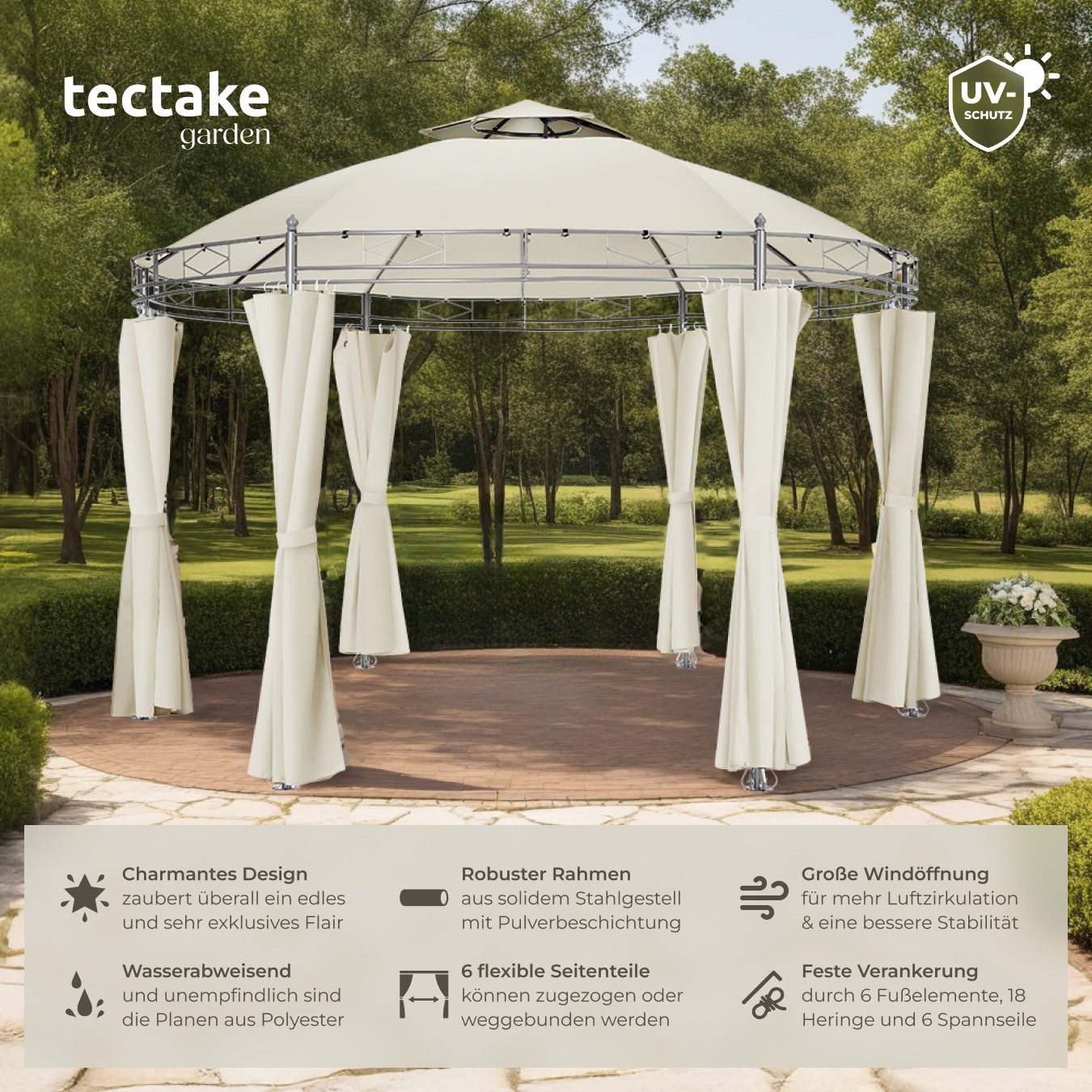 tectake Pavillon Rattan Gartenzelt Ø 3,5 m, inklusive Spannseilen und Heringen, mit 6 Seitenteilen, (Partyzelt Siana, in creme), wasserabweisend, Doppeldachsystem, 6 Seitenteile, mit UV-Schutz 50+