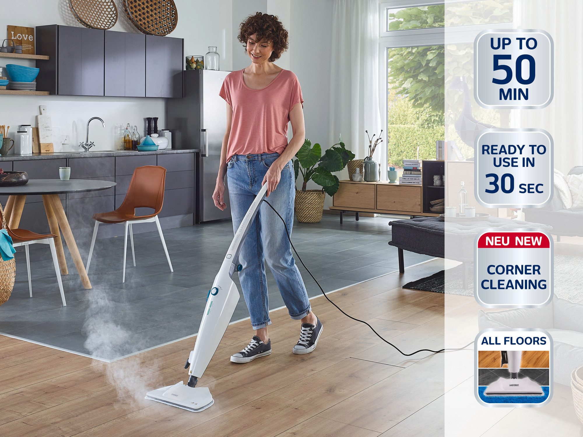 Leifheit Dampfreiniger Dampfreiniger CleanTenso Power, 1300 W, 6 Power-Steam-Düsen, bis zu 50 Minuten Nutzung, Mikrofaser Wischpad