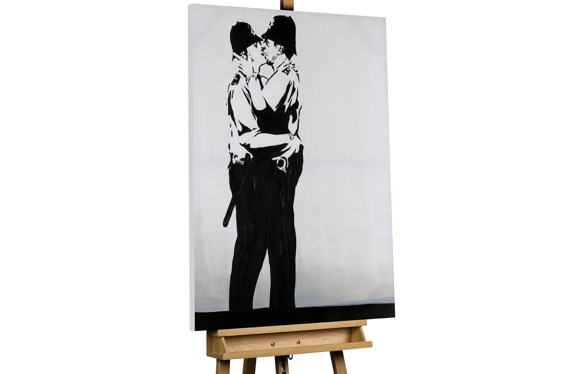 KUNSTLOFT Gemälde Banksy's Police Kiss 75x100 cm, Leinwandbild 100% HANDGEMALT Wandbild Wohnzimmer | Ölbilder