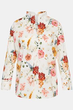 Ulla Popken Longbluse Bluse Blumen Kelchkragen V-Ausschnitt Langarm