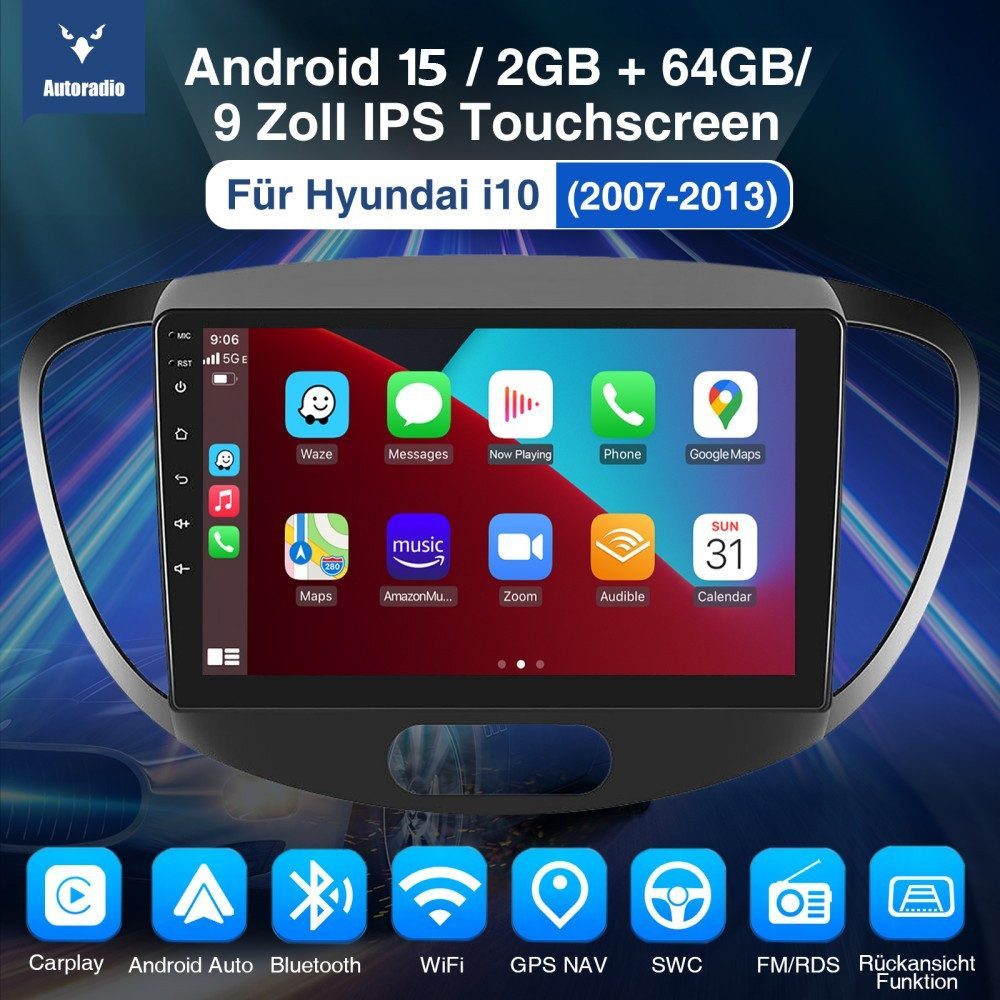ESSGOO 64G Android 15 Autoradio für Hyundai i10 2007-2013 Carplay Navi GPS BT Autoradio (RDS, FM, AM, DAB+ (optional), ASP, Wireless Apple Carplay & Android Auto,2 DIN,4+64GB(optional)