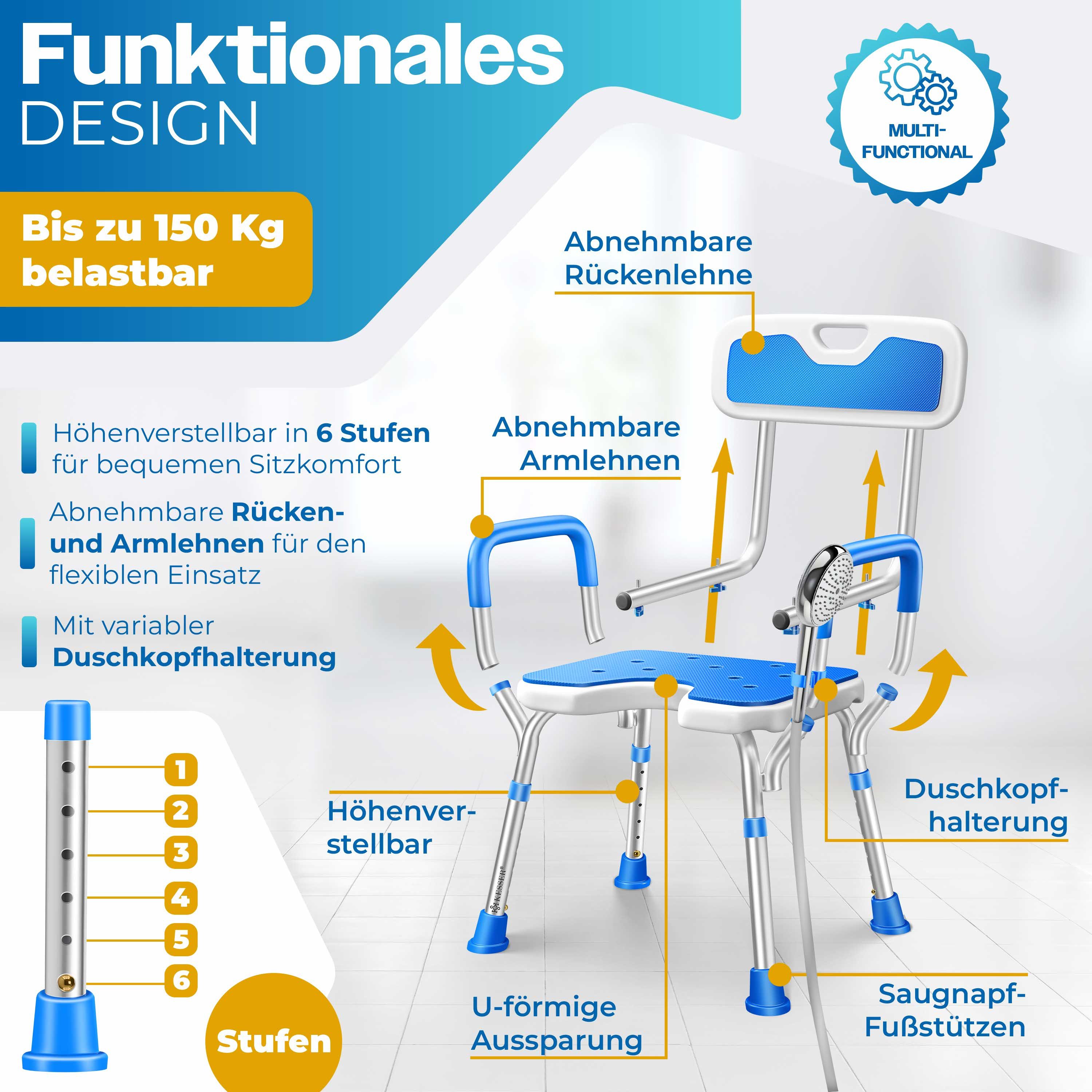KESSER Badhocker Duschhocker mit Lehne höhenverstellbar in 6 Stufen 38-54cm (Duschstuhl mit Brausehalterung, Anti-Rutsch Füße & Matten), Duschsitz 150KG belastb – Bild 4 von 5