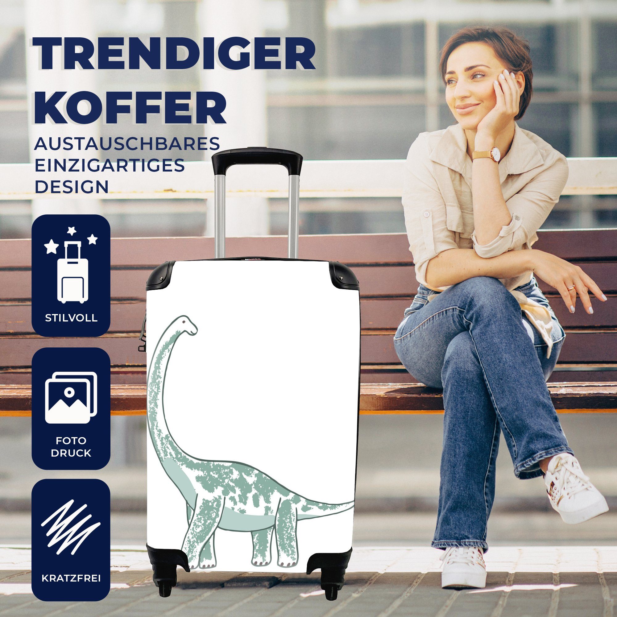 MuchoWow Handgepäckkoffer Kinderzimmer- Mädchen Trolley, Dinosaurier - rollen, Rollen, 4 Reisekoffer Reisetasche Handgepäck für Brachiosaurus mit - Ferien, - - Kind, Jungen