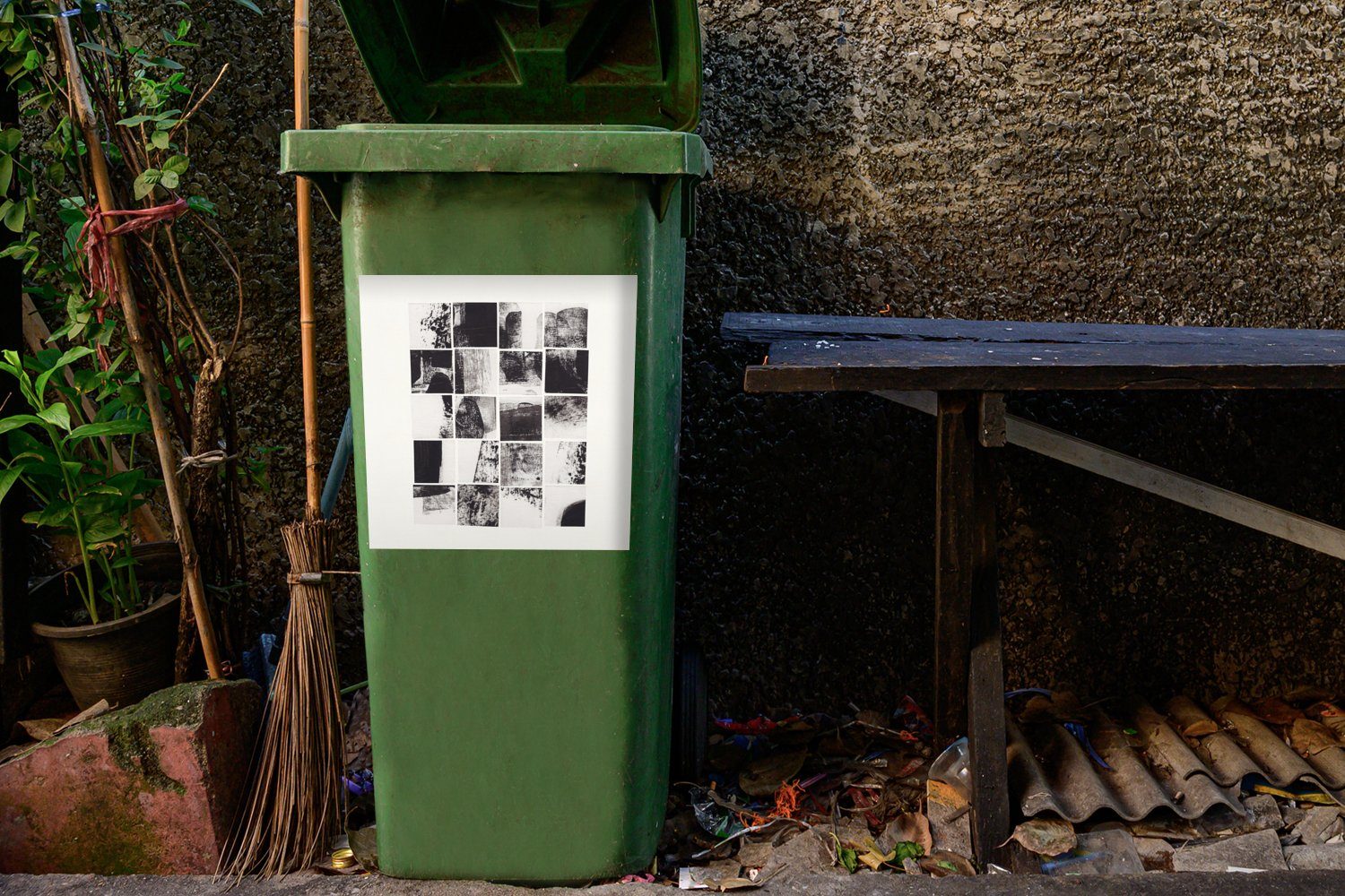 MuchoWow Abstrakt Container, Abfalbehälter Sticker, St), - Mülltonne, (1 - Weiß Wandsticker - Schwarz Mosaik Mülleimer-aufkleber,