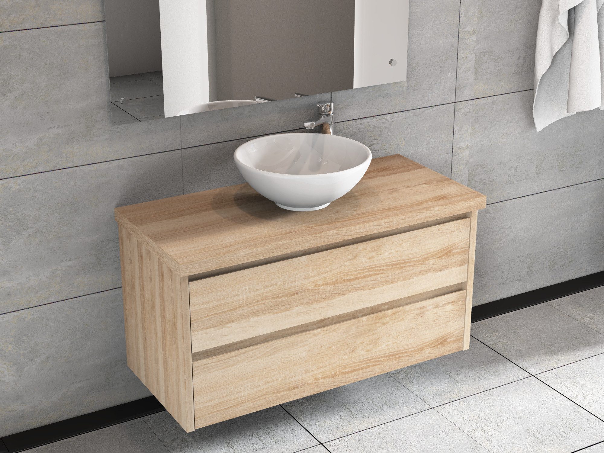 Aqua Bagno Badmöbel-Set Duo Waschplatz 100 cm Keramikbecken MDF Eiche Gold Soft-Close, (vormontiert, 3-St., Badmöbelschrank lackiert, Trägerplatte, Keramikwaschbecken), einfache Montage, Badschrank