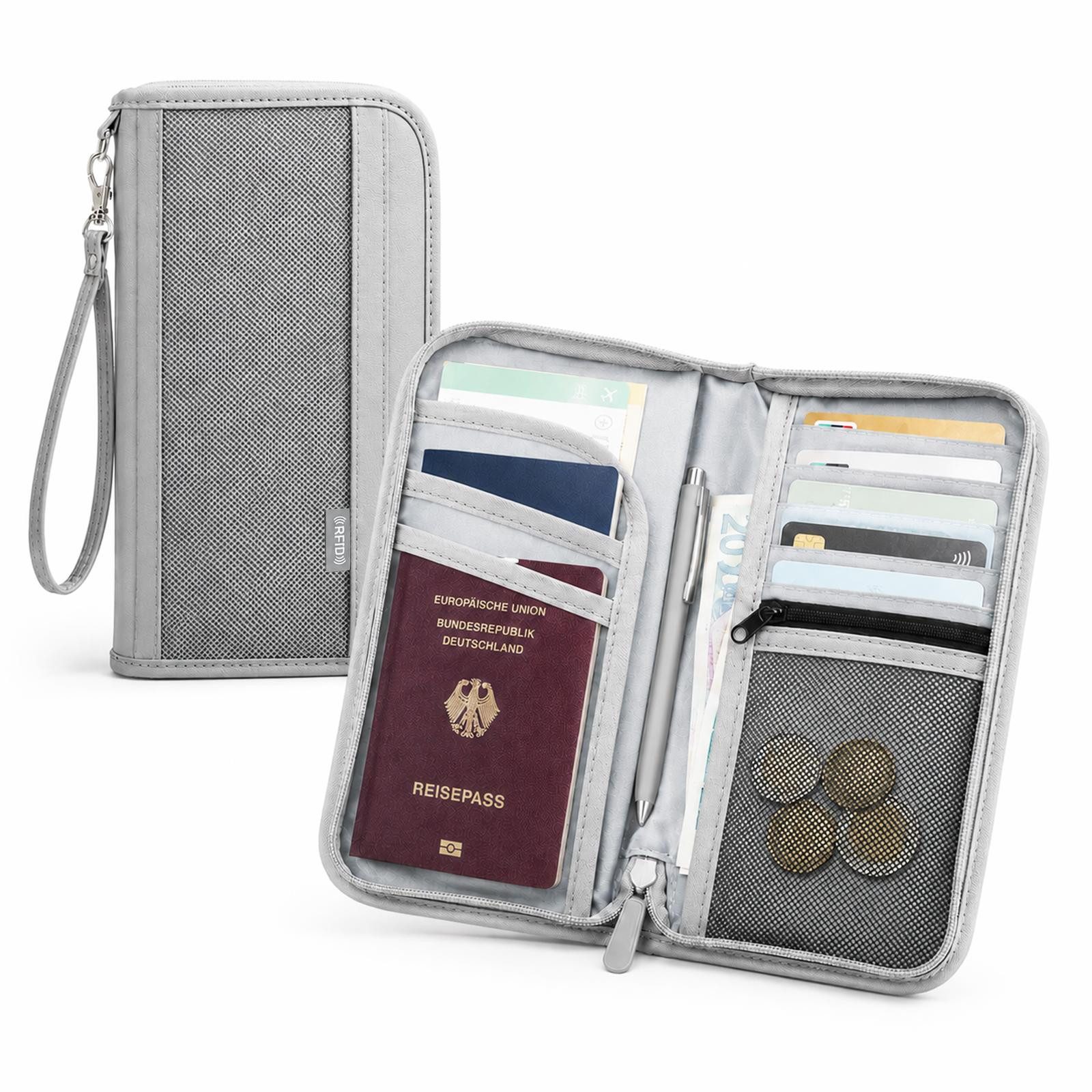 VERCO Dokumententasche RFID Schutz Reisepasshülle mit Kartenfächern, Reisebrieftasche mit Münzfach Handschlaufe Stifthalter Organizer