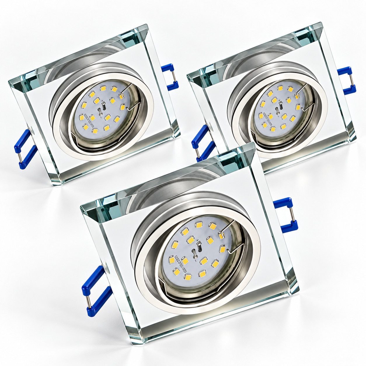 TRANGO LED Einbauleuchte, 3er Set 6729S-03GU5W-AK *CRYSTAL* LED Deckenstrahler aus handgeschliffenem Glas & Alu inkl. 3x 5 Watt GU10 LED Leuchtmittel 3000K warmweiß, Einbauleuchte, Einbauspots, Deckenleuchte, Deckenspots, Badleuchte, Deckenlampe