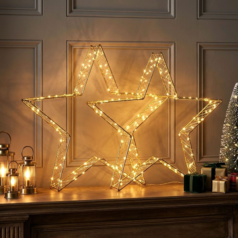 Expo Börse LED Stern, LED-Leuchtmittel fest verbaut, Warmweiß, 2x LED Dekoleuchte Eisen Sternform Timer Twinkle Effekt B 36 cm