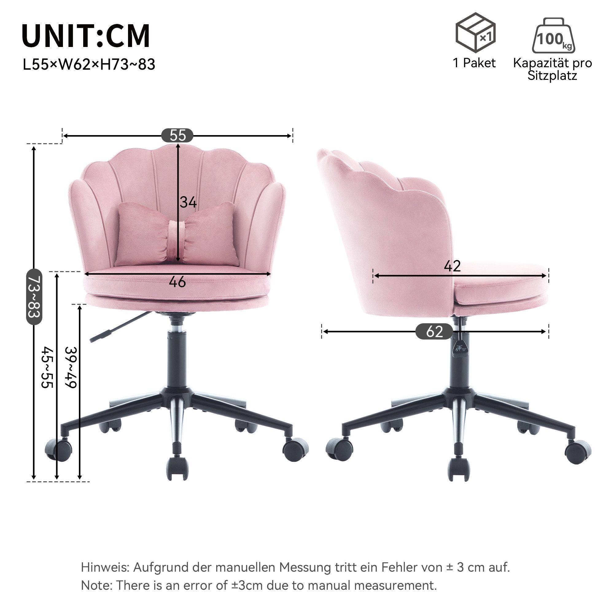 Flieks Drehstuhl mit Rollen Bürostuhl höhenverstellbar (mit schmetterlingsförmiges Lendenkissen und blütenblattförmige Rückenlehne, B55/T62/H73-63 cm), Schminktischstuhl Schreibtischstuhl Ankleidestuhl Samt