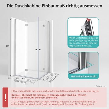 Boromal Eckdusche Duschkabine Eckeinstieg Falttür 185/195H Duschwand Duschabtrennung, BxT: 90x90 cm, 6mm ESG Glas