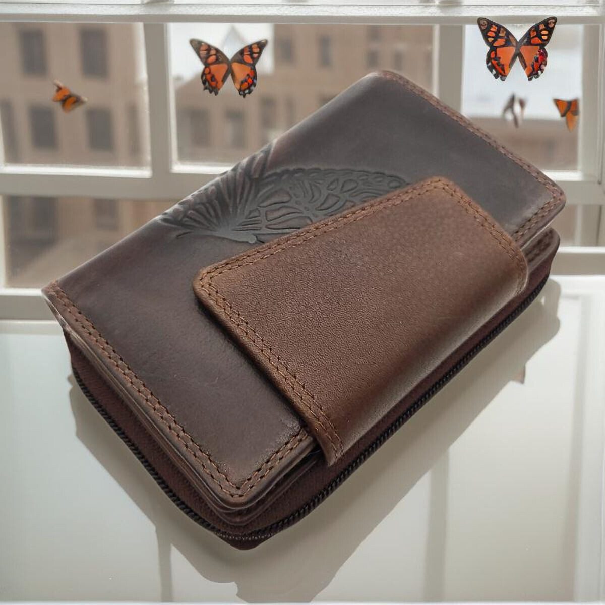 Geldbörse großes echt Leder Portemonnaie Schmetterling