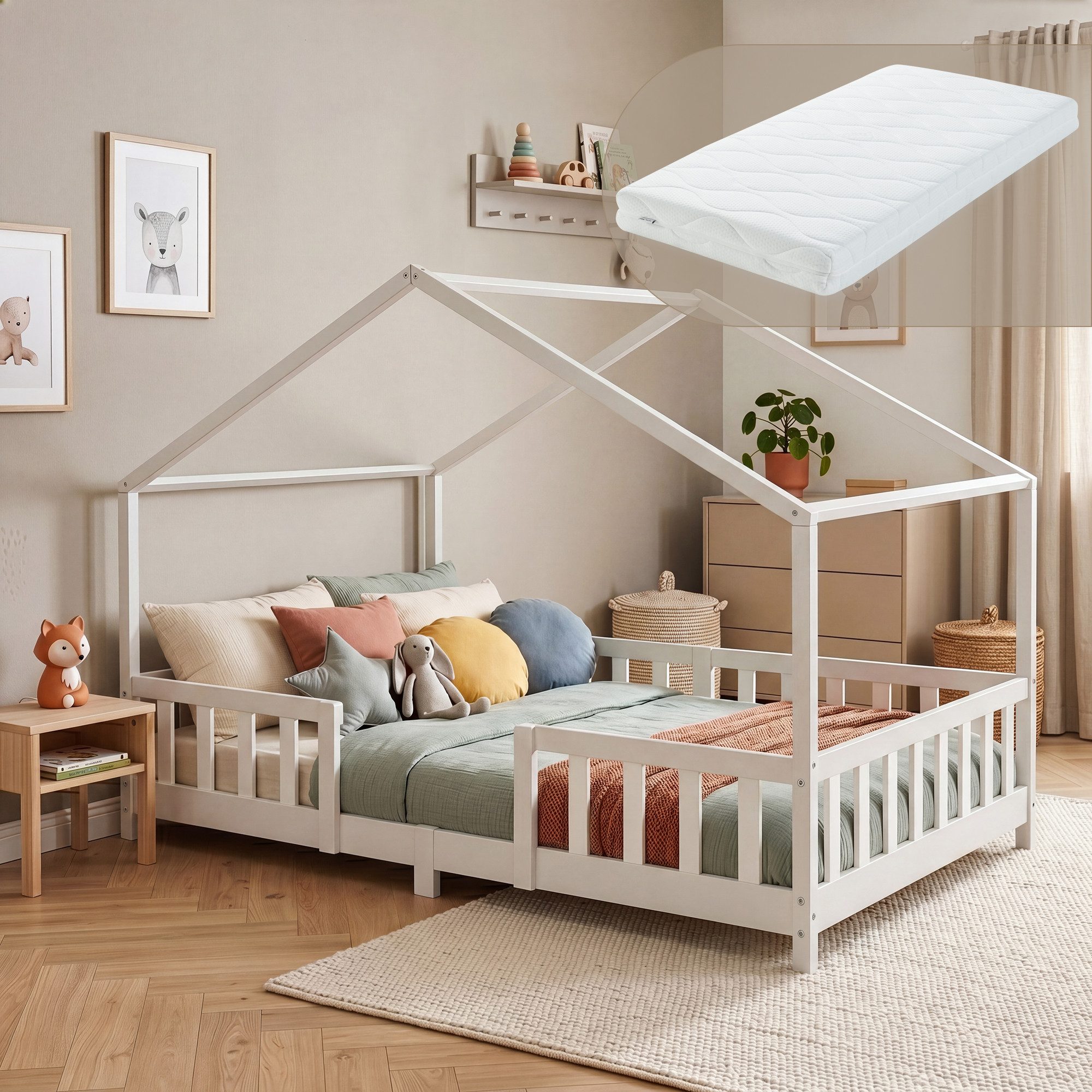 en.casa Kinderbett (Bett und Matratze), »Treviolo« mit Matratze Montessori Weiß 120x200 cm