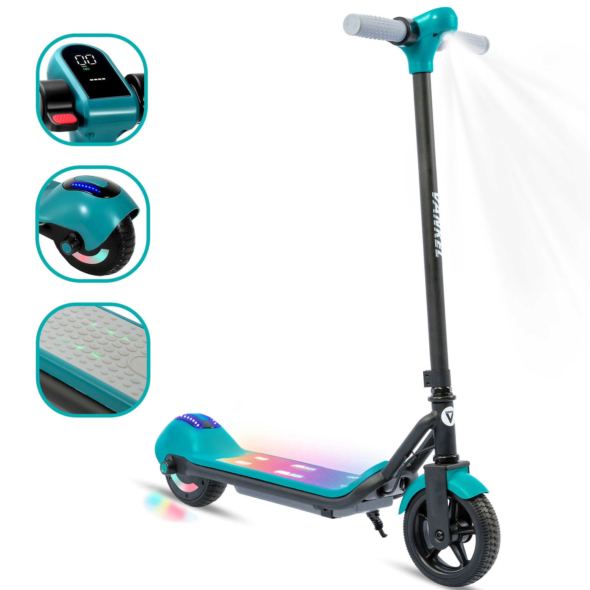 Vankel Elektro-Kinderroller 14 km/h, Licht & Bluetooth, 8-10km, ab 6 Jahren, E-Bremse, 6,5-Zoll E-Scooter für Kinder, 110W Motor, nur ca. 8 kg
