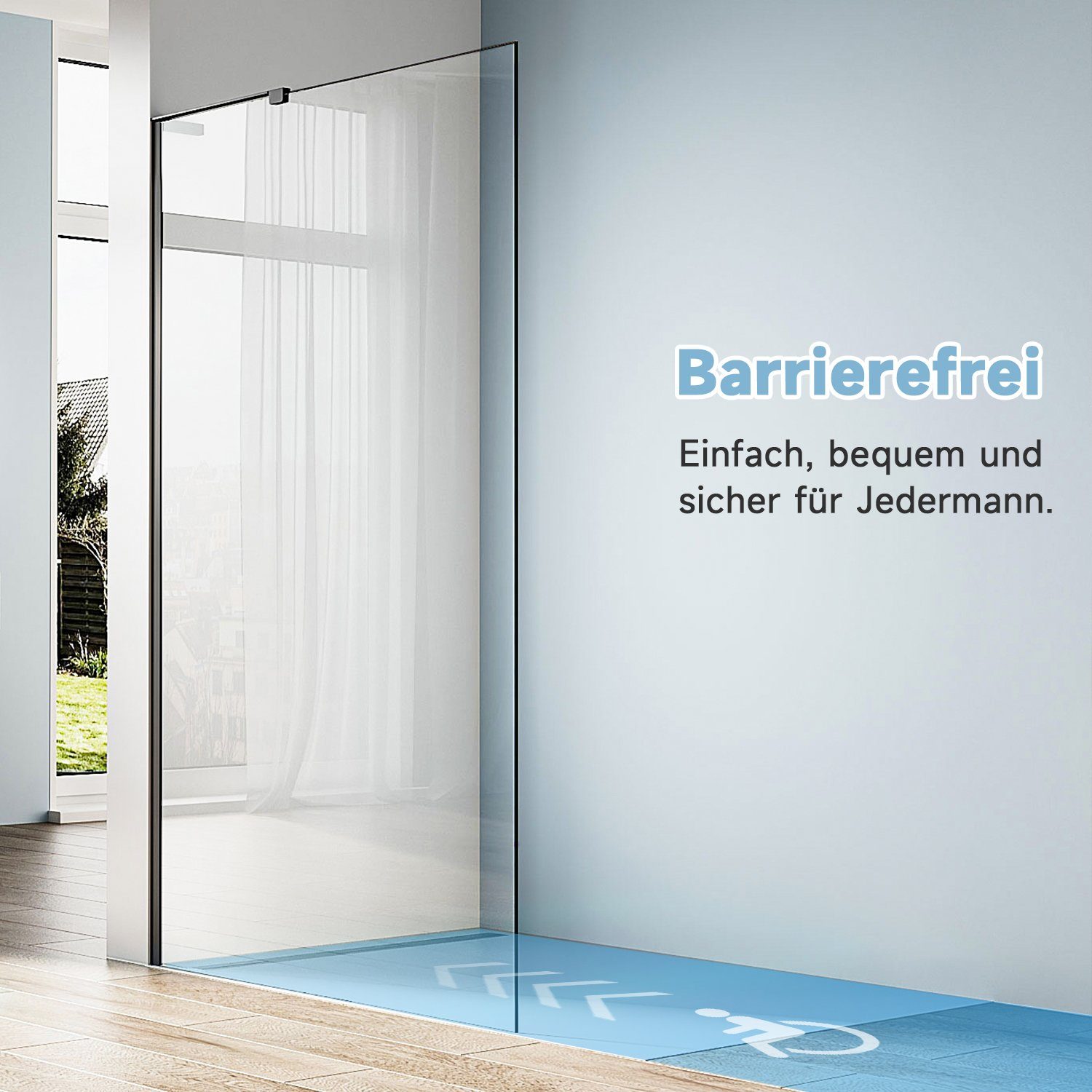 SONNI Duschwand Walk in Duschwande schwarz, 90-120cm mit L-Haltestange, NANO glas, Einscheibensicherheitsglas mit Nano-Beschichtung, Höhe 200cm – Bild 5 von 5