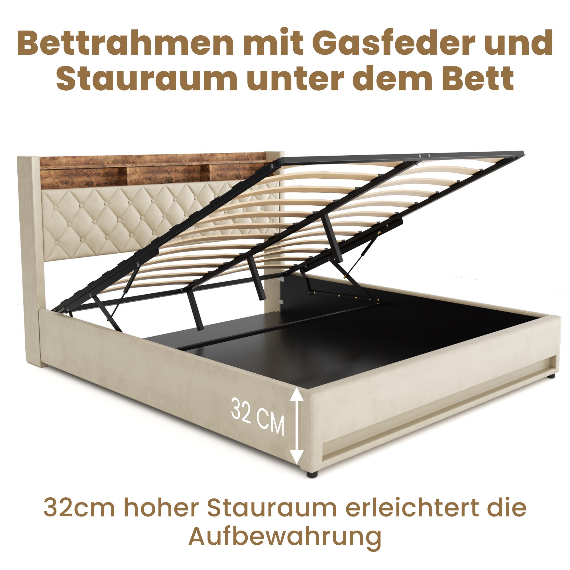 HAUSS SPOLE Polsterbett Jugendbett mit Stauraum,als Einzelbett-oder Doppelbett erhältlich (Doppelbett mit Matratze), 180x200cm Erwachsenenbett Schlafzimmerbett mit Kopfteil
