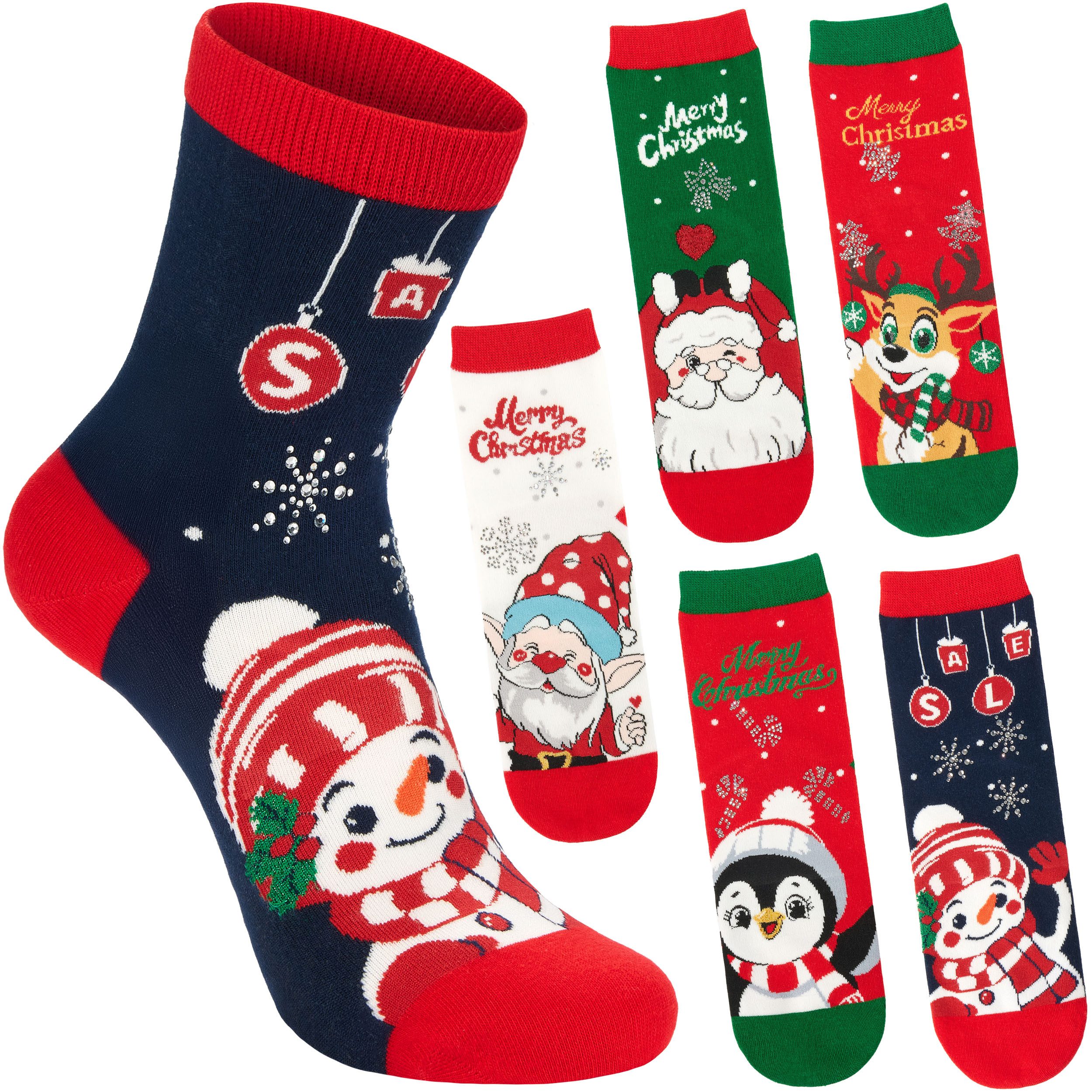 BRUBAKER Socken Damen Weihnachtssocken - Pinguin, Rentier, Santa & Schneemann (Bunte Baumwollsocken für Frauen - Geschenkset, 5-Paar, Kuschelsocken mit humorvollen Sockenmotiven) Lustige Damensocken für Weihnachten & Nikolaus