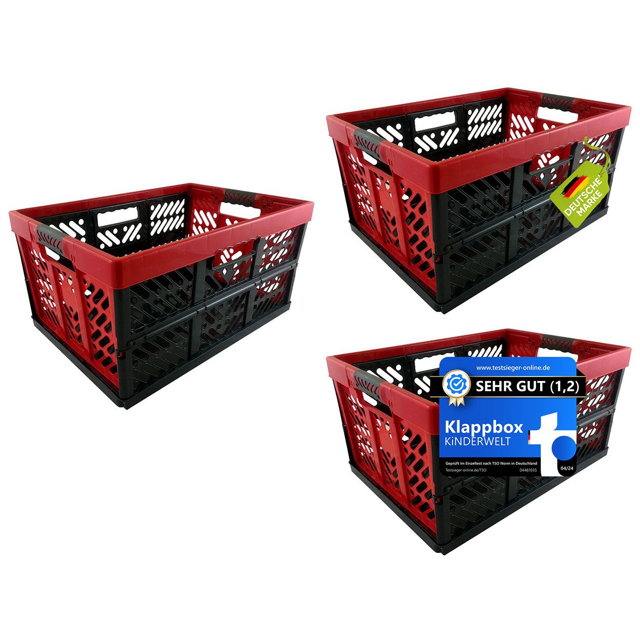 KiNDERWELT Klappbox 3x Premium Faltbox 45 L mit Soft-Touch Griffen, aus hochwertigem Kunststoff