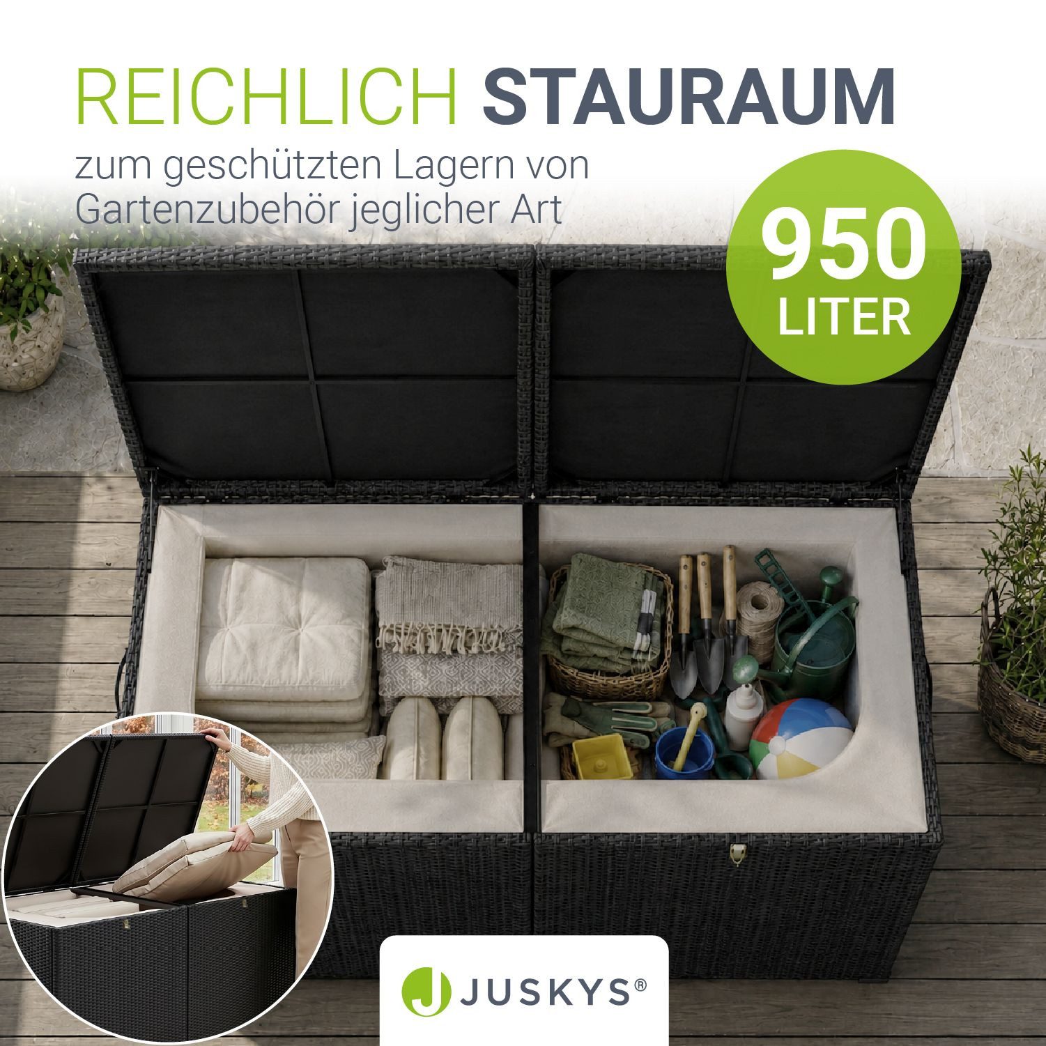 Juskys Auflagenbox Ikaria, aus Polyrattan, mit Deckel, Hubautomatik und Innenplane