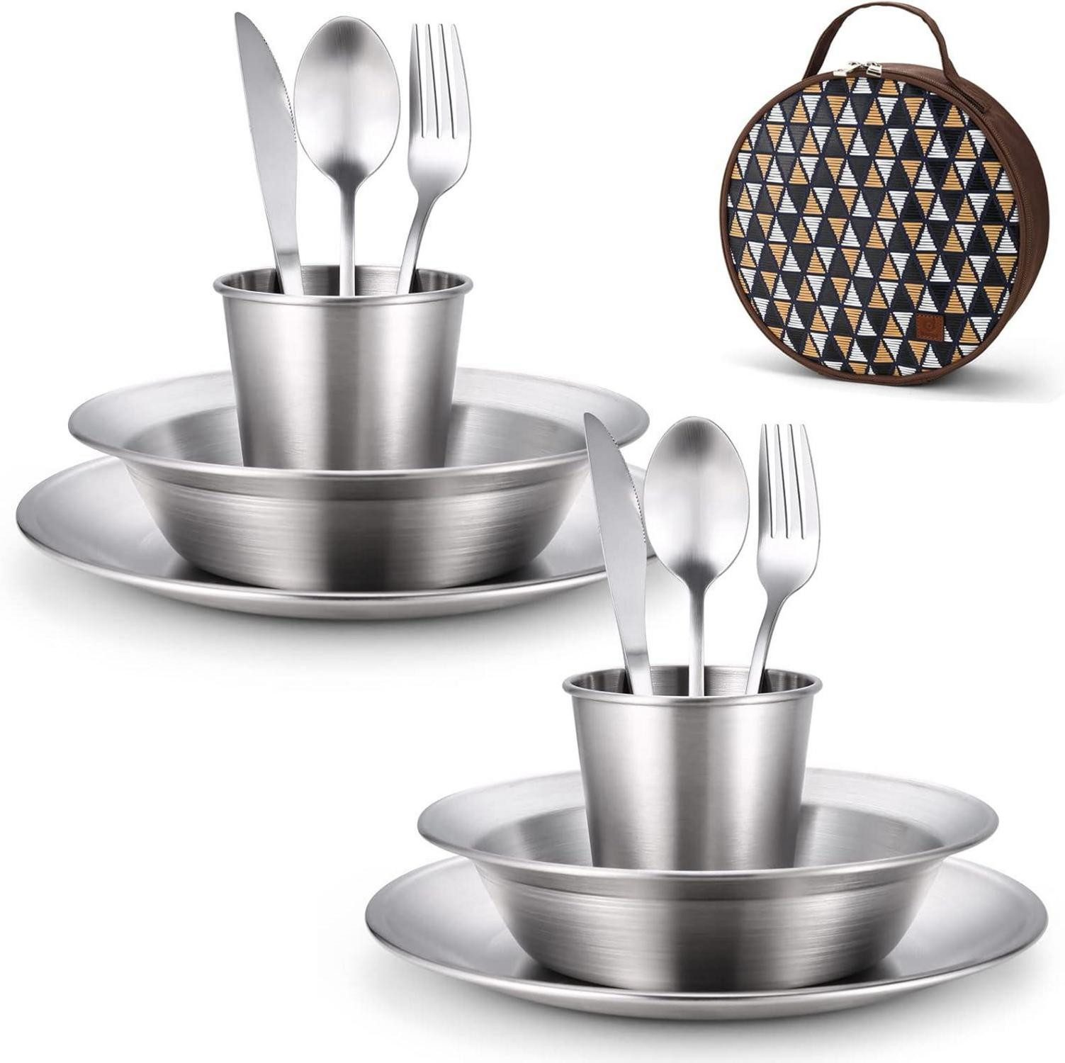 Campingstuhl Campingbesteck Set aus Edelstahl 13-teilig mit Etui und Teller
