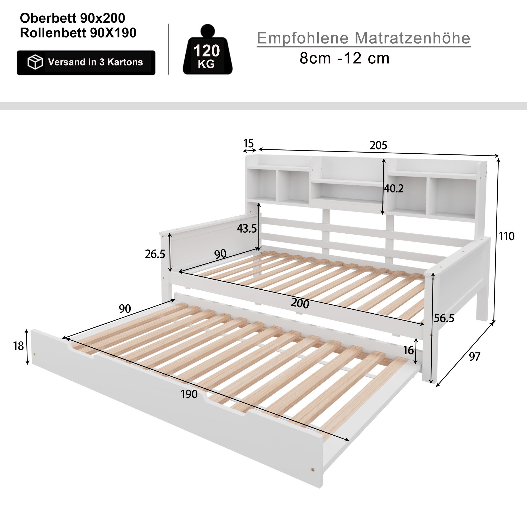 Flieks Daybett, Kinderbett Schlafsofa 90x200cm mit Ausziehbett 90x190cm, St günstig online kaufen