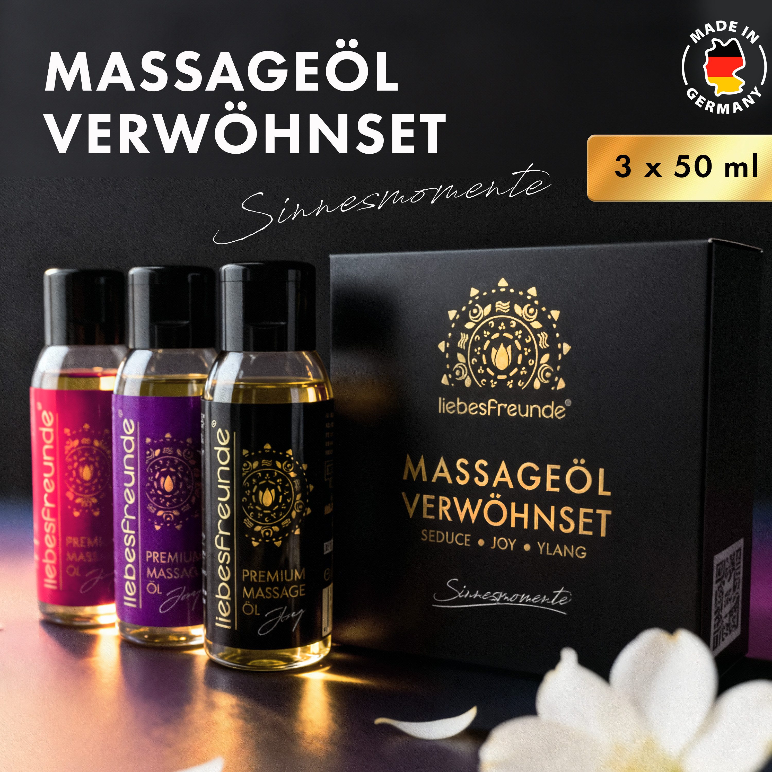 Liebesfreunde Massageöl Sinnliches Massageöl Geschenkset zur Entspannung, Massage Geschenk Set, mit Provitamin B5 (3 x 50 ml)