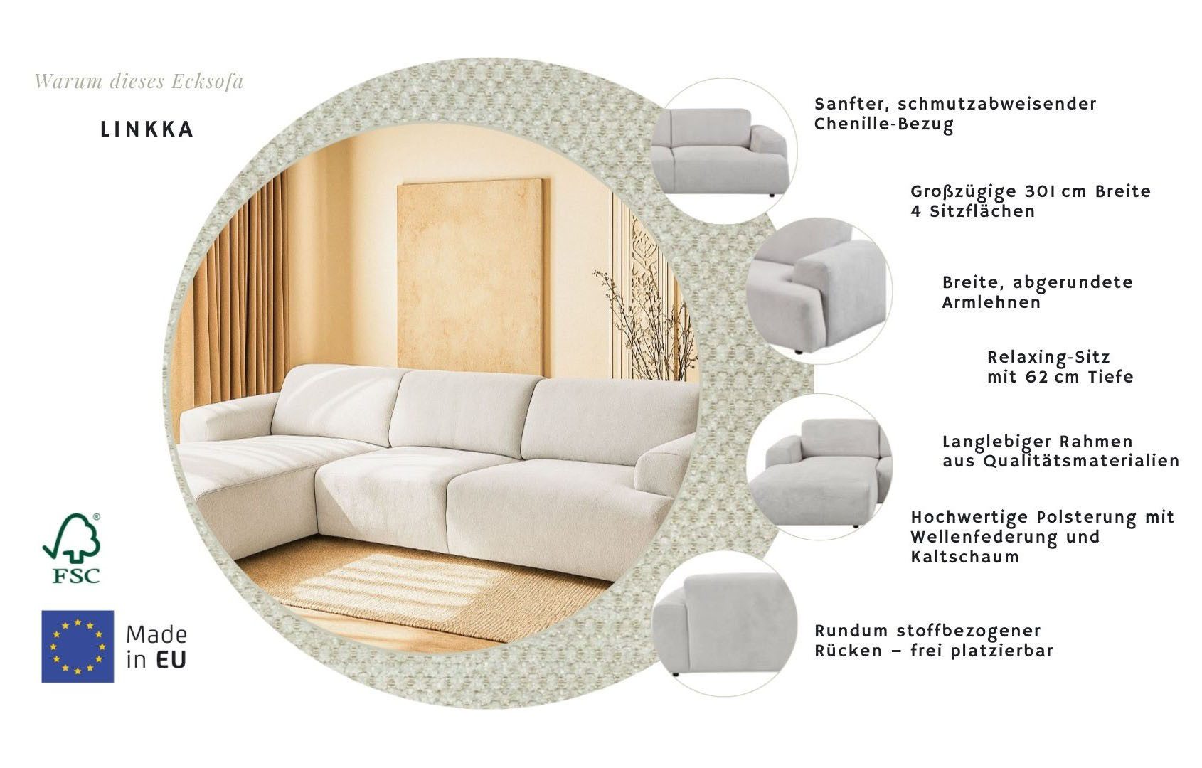 OTTO home Ecksofa Linkka, Breite 301 cm, L-Form, in einem weichen Chenille-Stoff, mit Wellenunterfederung