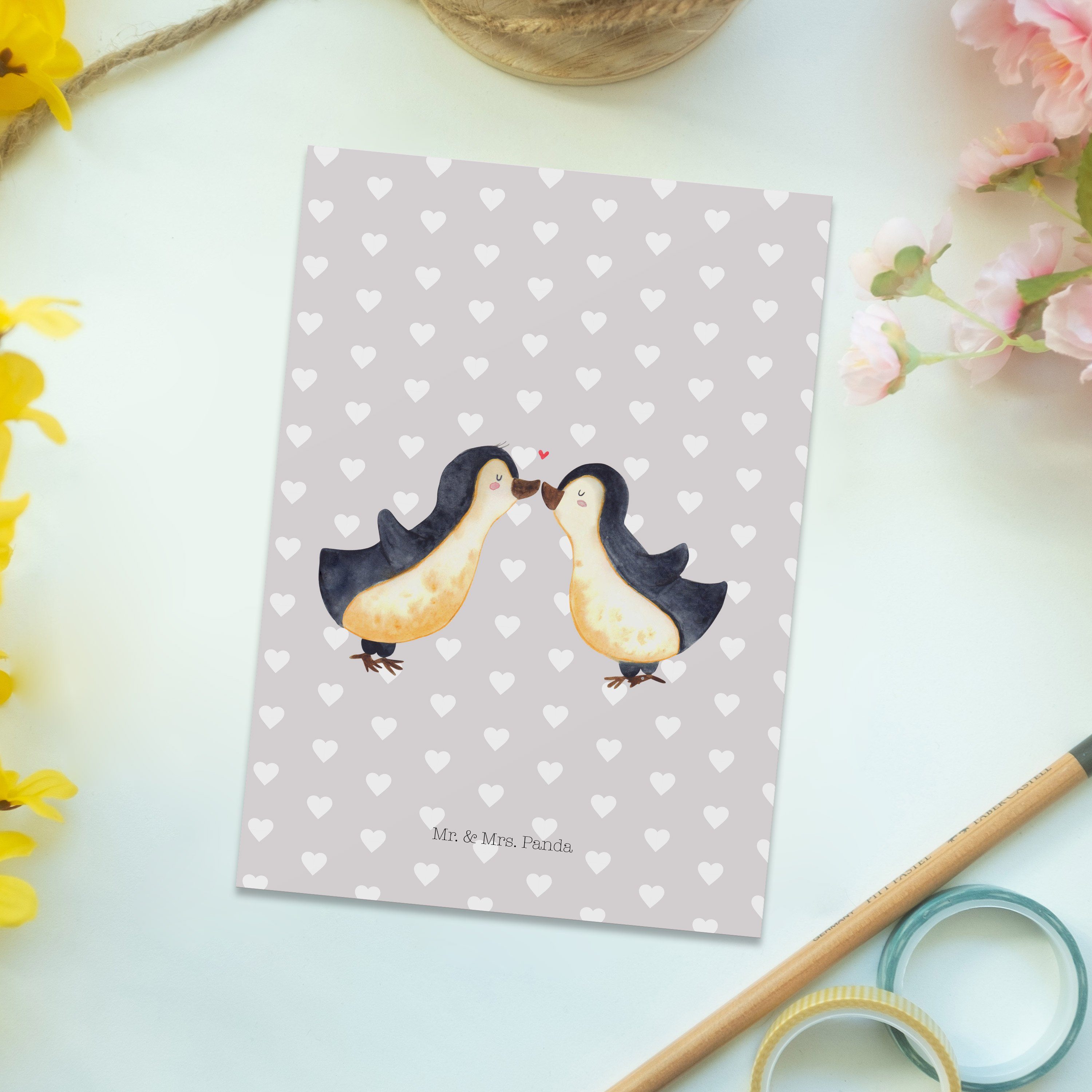 Gesch - Hochzeitstag, Mrs. Liebe - & Panda Mr. Grau Postkarte Pastell Geschenk Geschenk, Pinguin