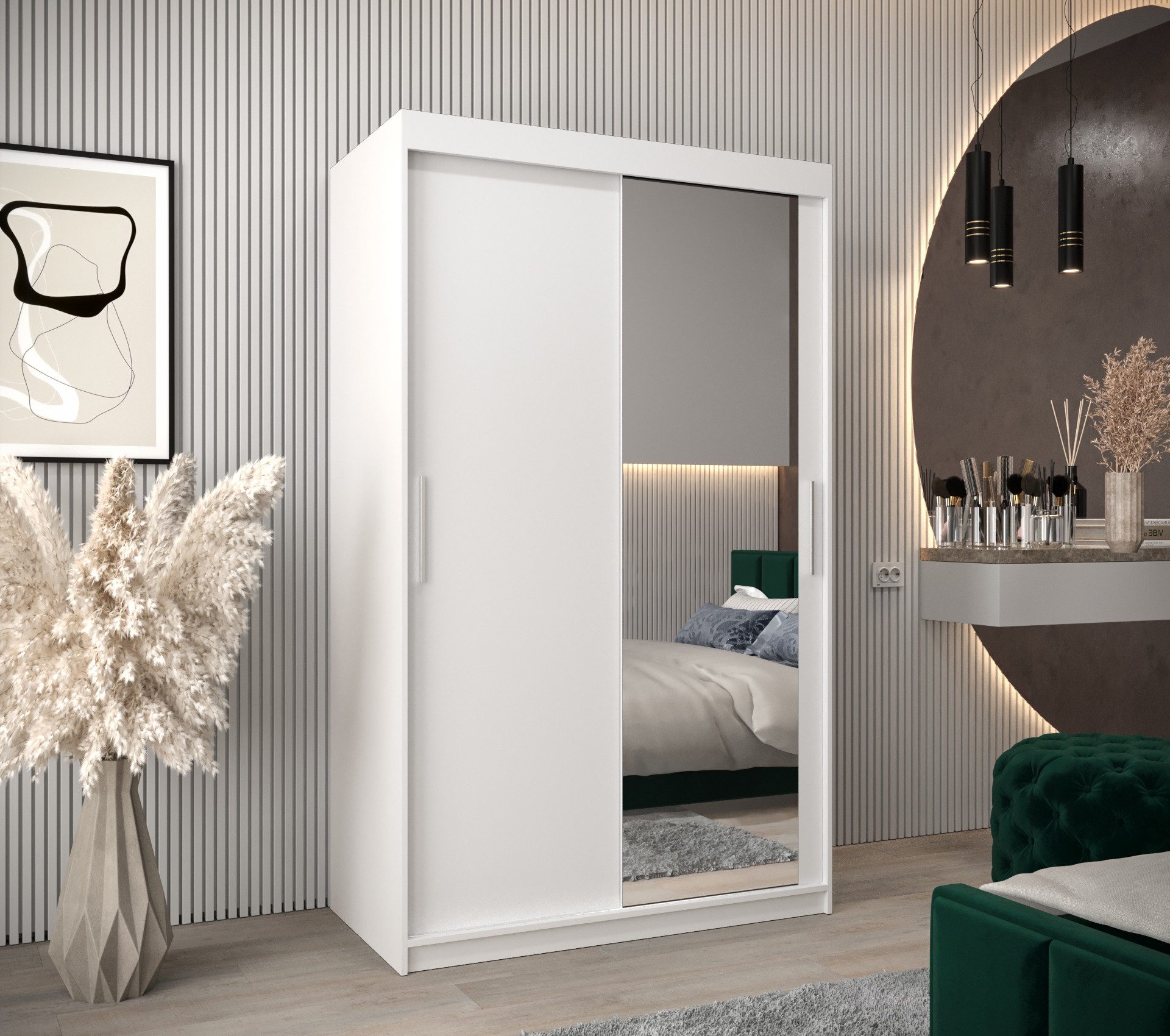 MOEBLO Schiebetürenschrank TORM 2 (Schrank mit Spiegel, mit/ ohne Schubladen, Schwebetürenschrank Schrank Garderobe Schiebtüren Schlafzimmer Wohnzimmerschrank) (BxHxT):100/120/150/180/200/250x200x62 cm
