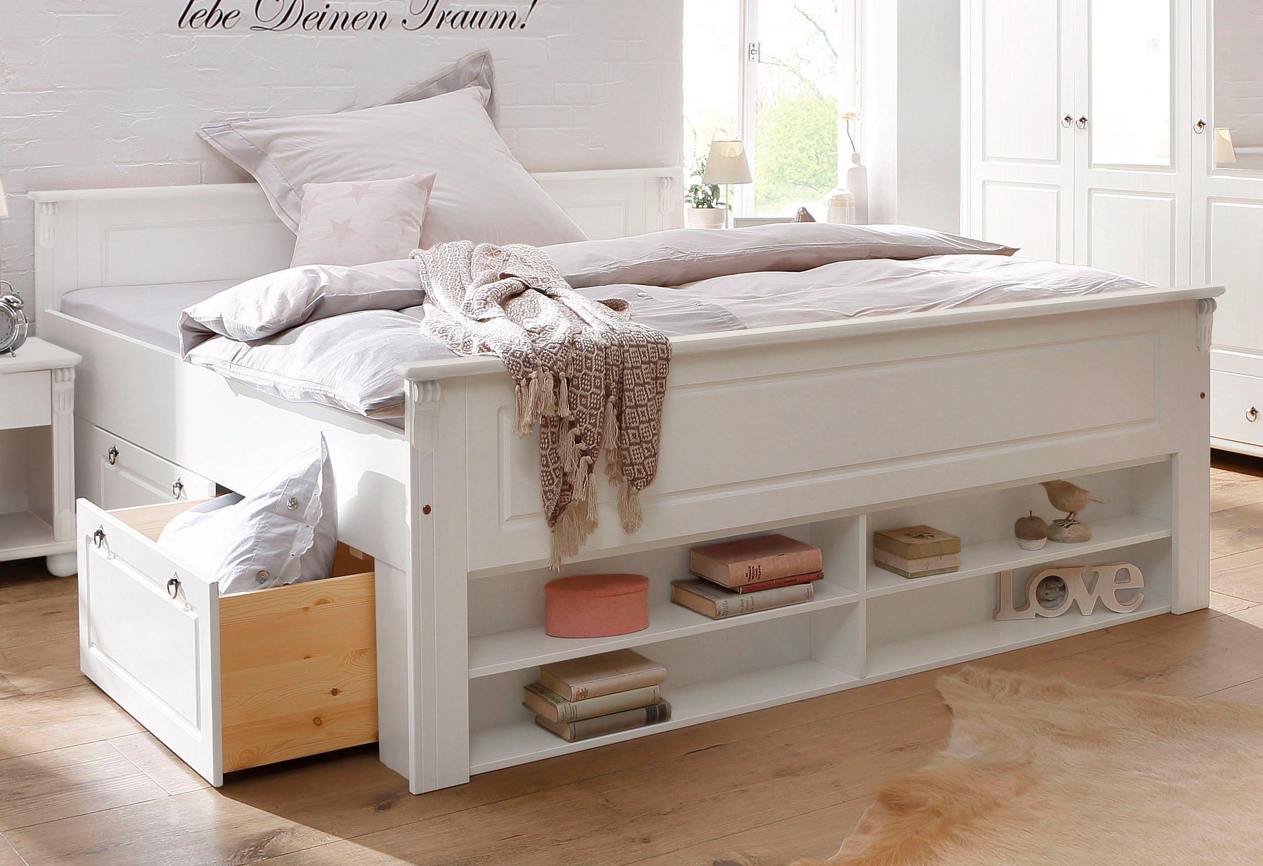 OTTO home Massivholzbett Tessin, Stauraumbett, Landhausstil, Schubladen optional, rustikal (Breite/Belastbarkeit 180cm/220 KG, 140cm/180 KG), zertifizierte Kiefer, Kassetten-Optik, stabile Qualität