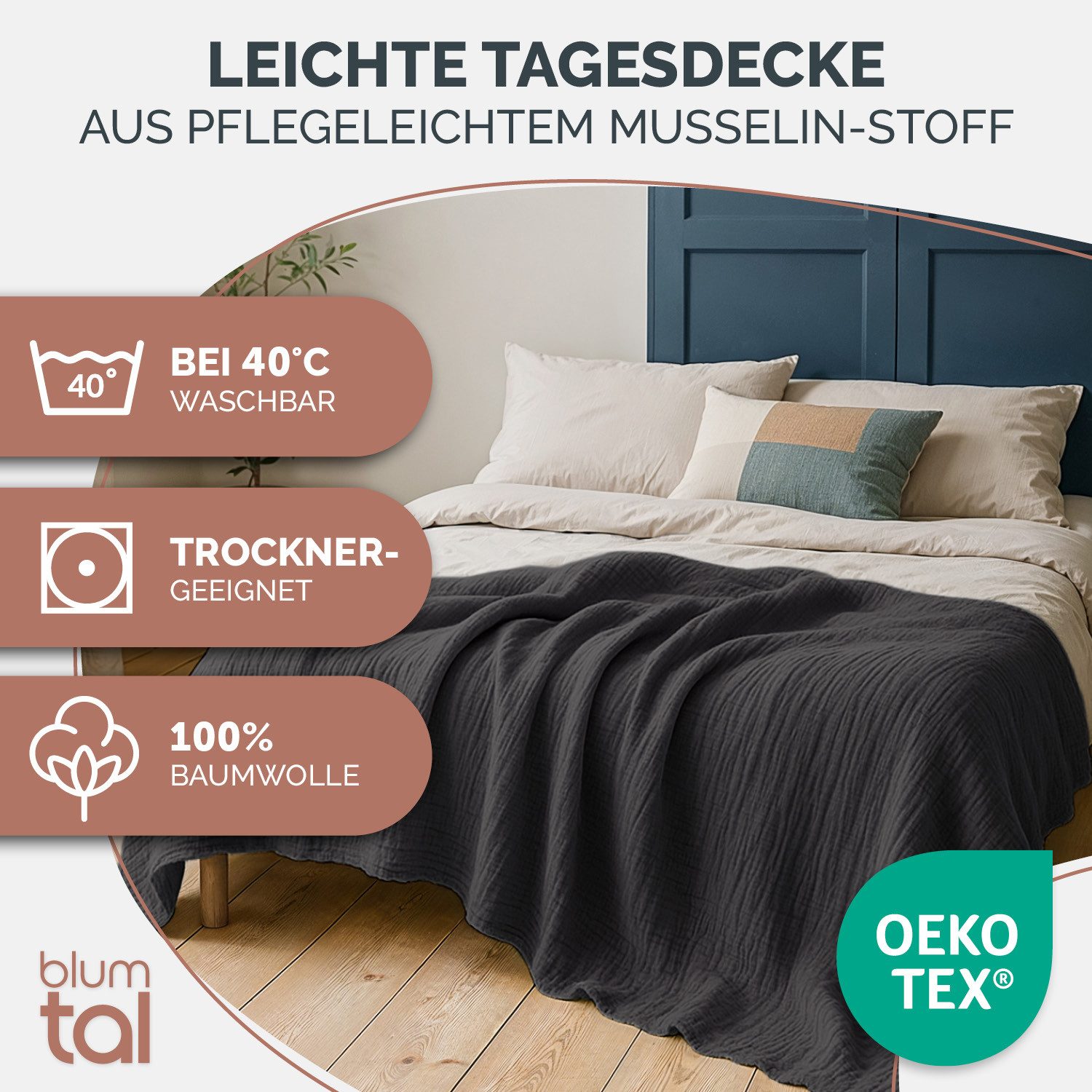Blumtal Tagesdecke Tagesdecke Baumwolle - Musselin Decke Oeko-TEX zert. - Bettüberwurf, Couch Überwurf - leichte Kuscheldecke Baumwolle 100%