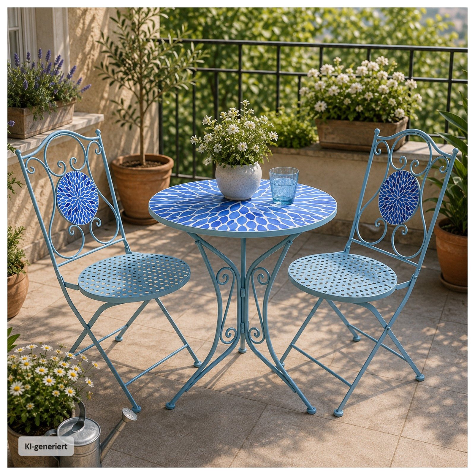HTI-Living Garten-Essgruppe Sitzgruppe Metall Bistro Set mit Motiv Blüten für Balkon und Terrasse, (Set, 3-tlg., 1 Tisch 2 Stühle), Sitzgruppe Essgruppe Balkonset