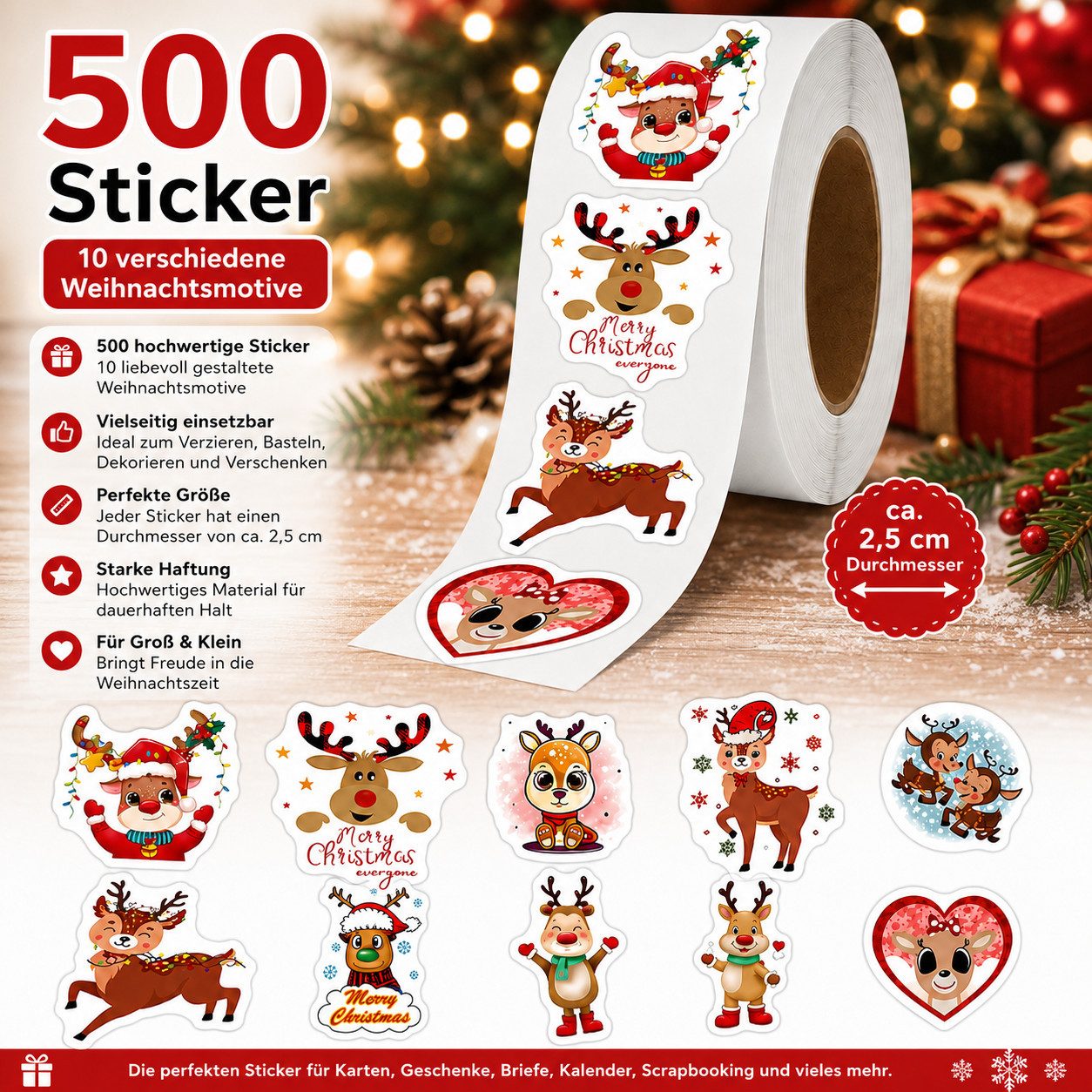 Ware aus aller Welt Sticker 500 Weihnachtssticker auf Rolle – 10 Motive Ø ca. 2,5 cm Aufkleber, (500-tlg)
