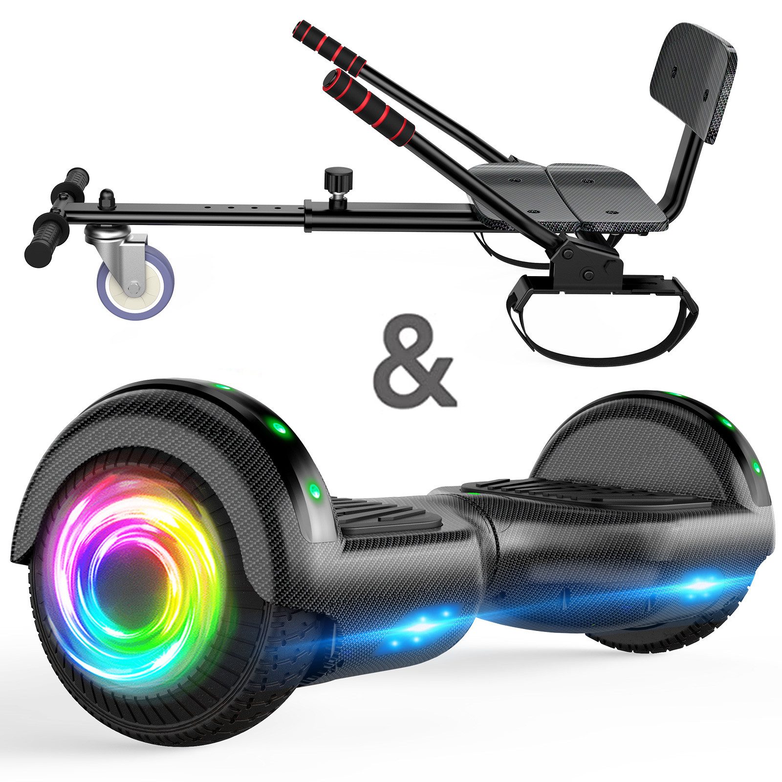 SISIGAD Balance Scooter Kart Set, 6,5'' Hoverboard mit kart,LED, Bluetooth, 8 km/h, 160W, Hoverboards mit Sitz, bis zu 7-8km,Geschenke für Kinder