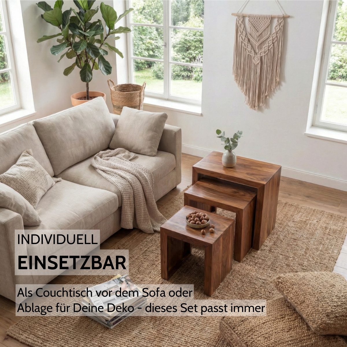 Liadomo Beistelltisch Bianca, Couchtisch, Nachttisch, Holztisch, Wohnzimmertisch (3er-Set), Massivholz, braun, 3-teilig, 3 Größen, Unikat