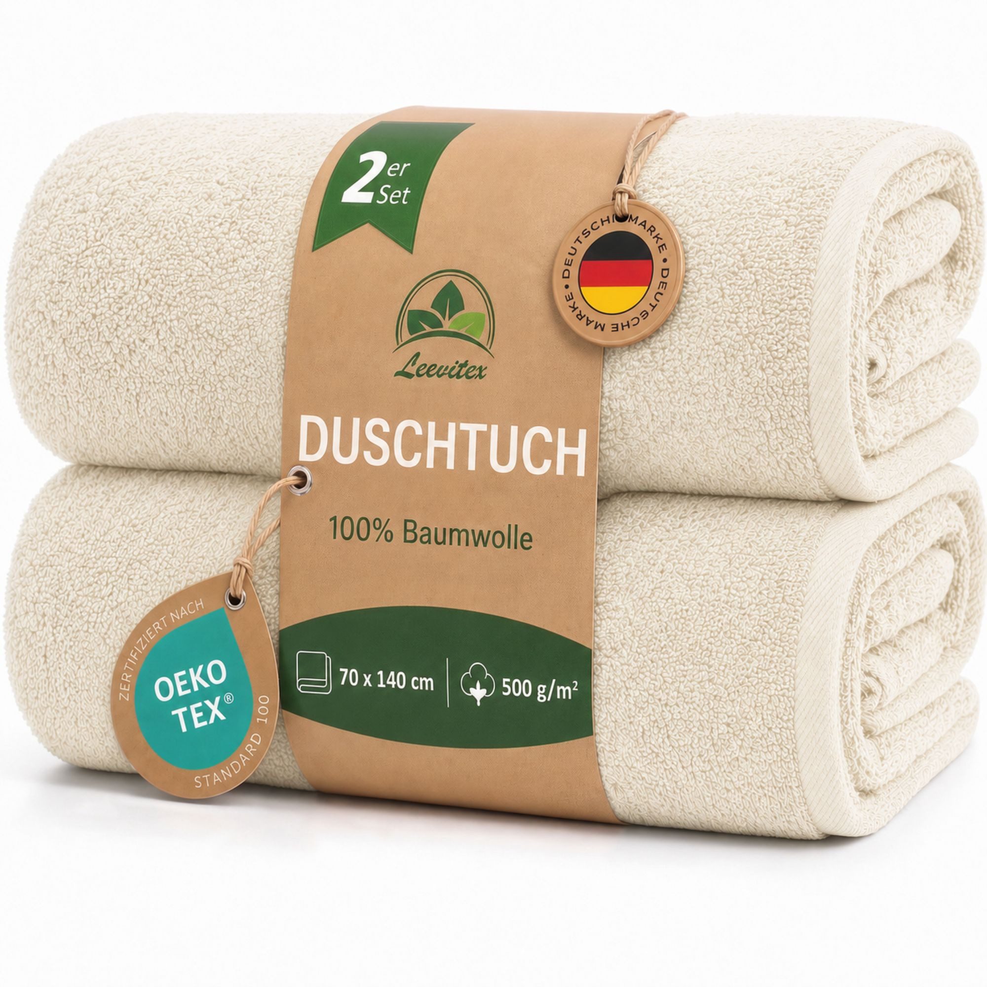 leevitex® Duschtücher 2er-Set, 70x140 cm, 100% Baumwolle, saugstark und fusselfrei, Frottee (Set, 2-St), OEKO-TEX® STANDARD 100 zertifiziert, gestreifte Bordüre